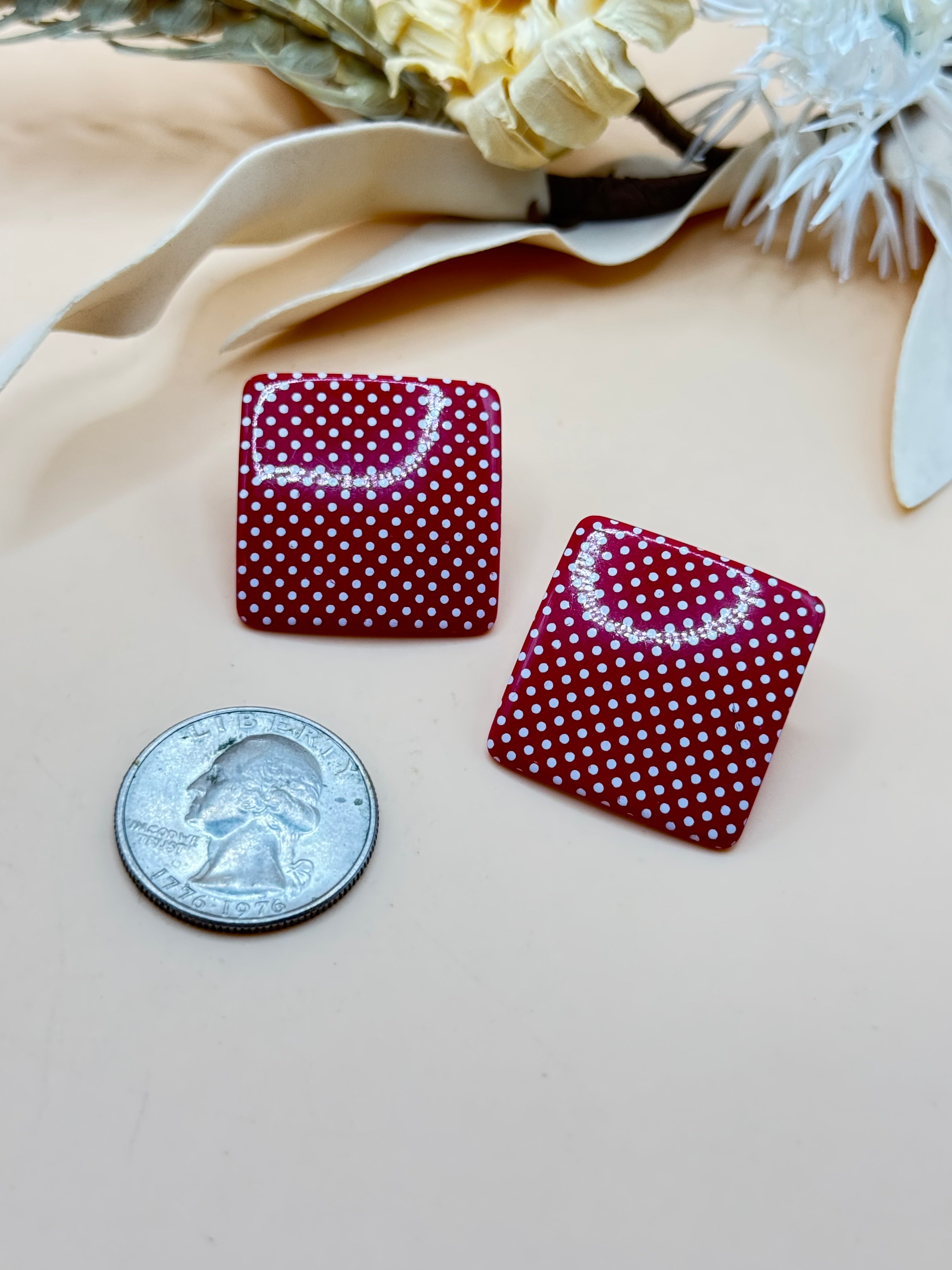 Vintage Red and White Polka Dot Square Stud Earrings