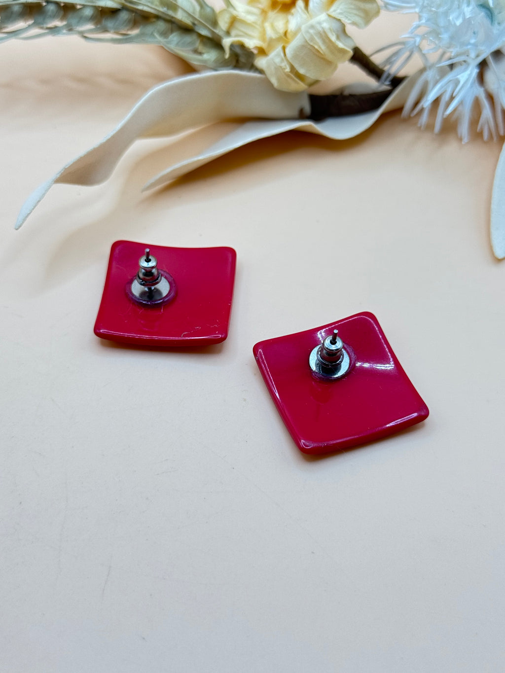 Vintage Red and White Polka Dot Square Stud Earrings