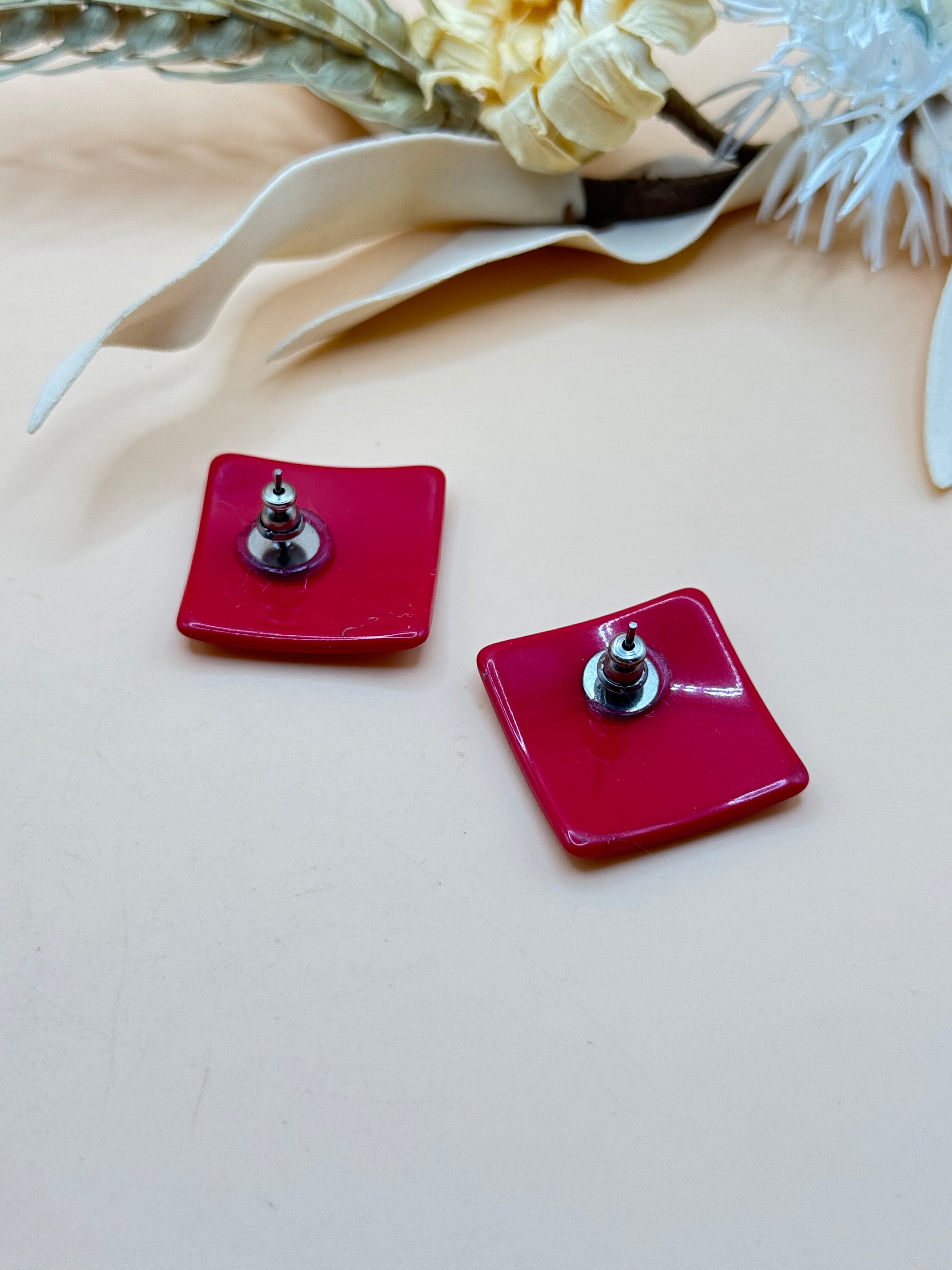 Vintage Red and White Polka Dot Square Stud Earrings