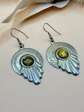 Vintage Silver Tone Olive Green Cabochon Dangle Earrings