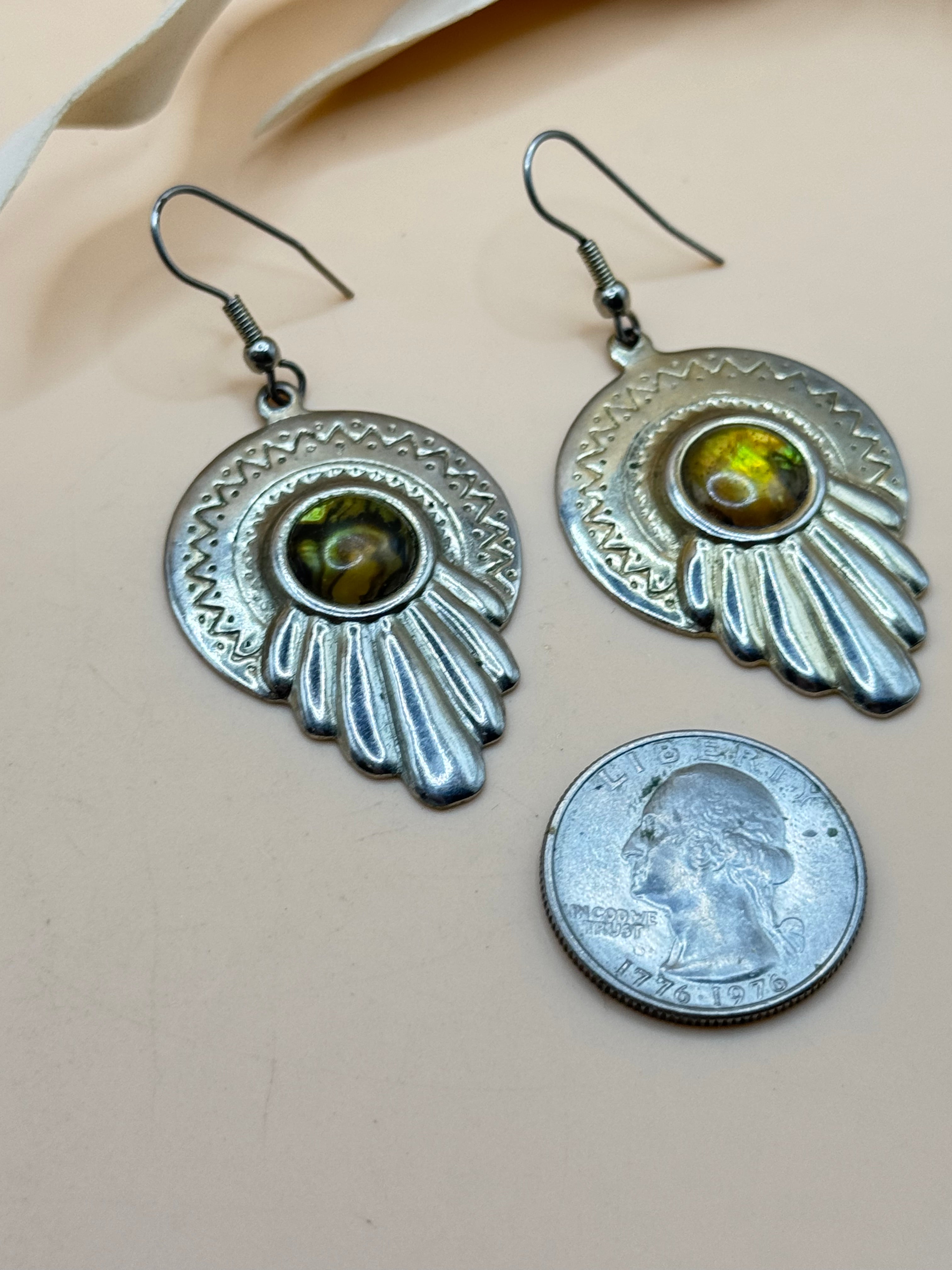 Vintage Silver Tone Olive Green Cabochon Dangle Earrings