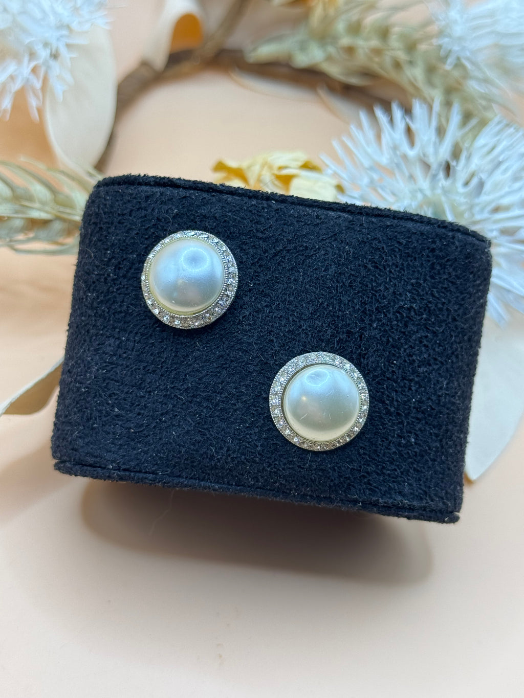 Silver Tone Faux Pearl and Clear Rhinestone Halo Stud Earrings