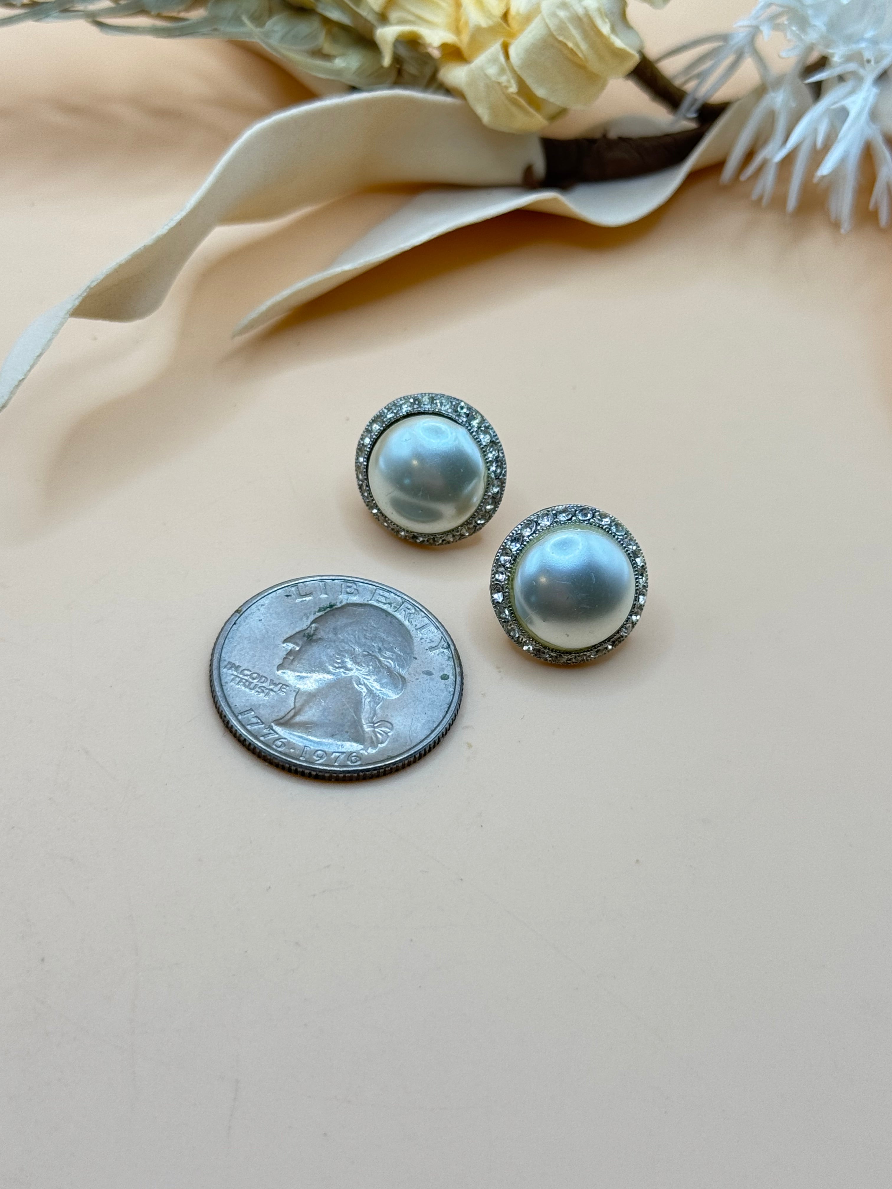 Silver Tone Faux Pearl and Clear Rhinestone Halo Stud Earrings