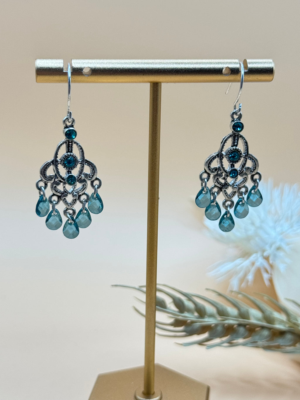 Silver Tone Teal Blue Rhinestone Chandelier Dangle Earrings