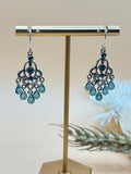 Silver Tone Teal Blue Rhinestone Chandelier Dangle Earrings