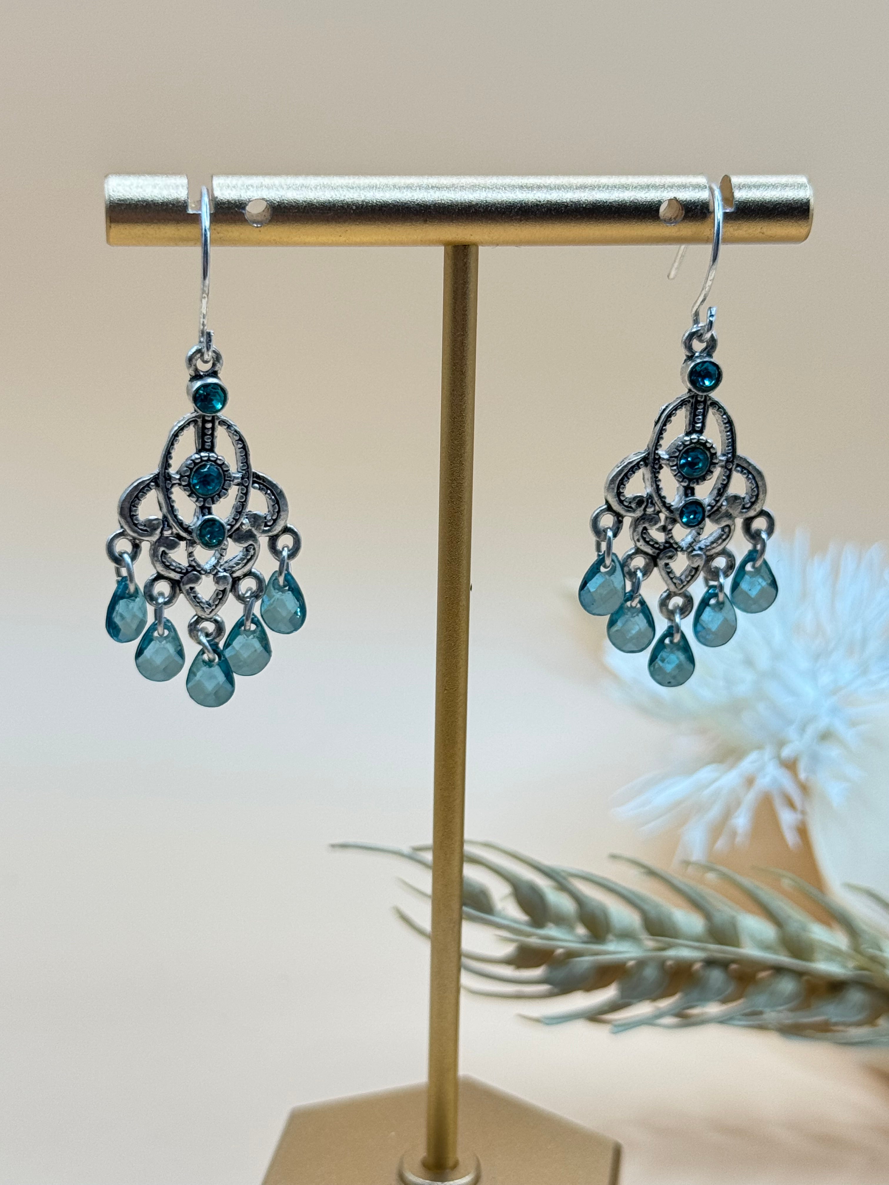 Silver Tone Teal Blue Rhinestone Chandelier Dangle Earrings