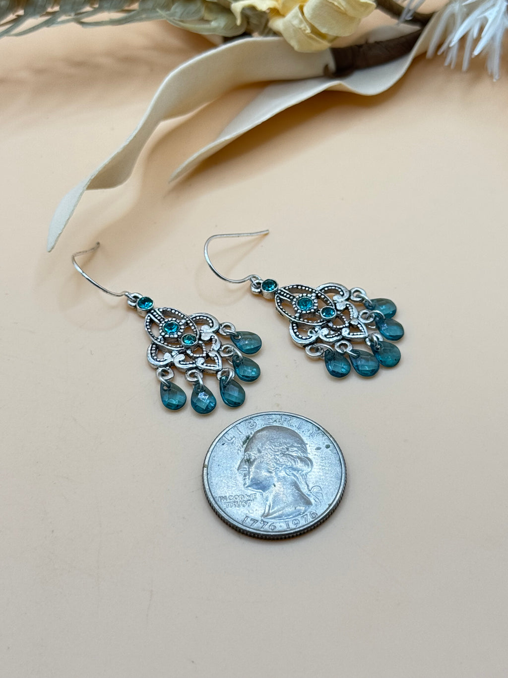 Silver Tone Teal Blue Rhinestone Chandelier Dangle Earrings