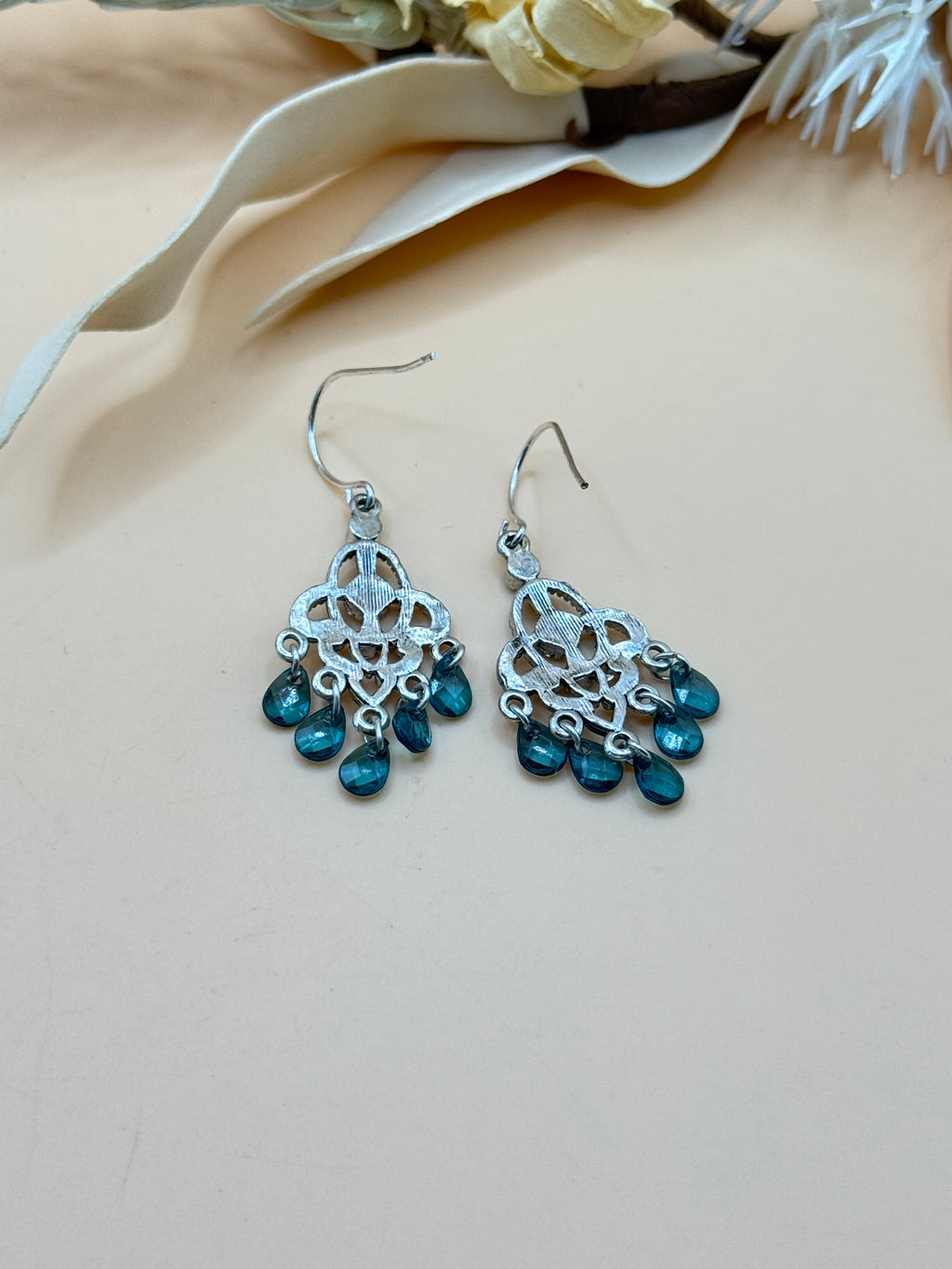 Silver Tone Teal Blue Rhinestone Chandelier Dangle Earrings