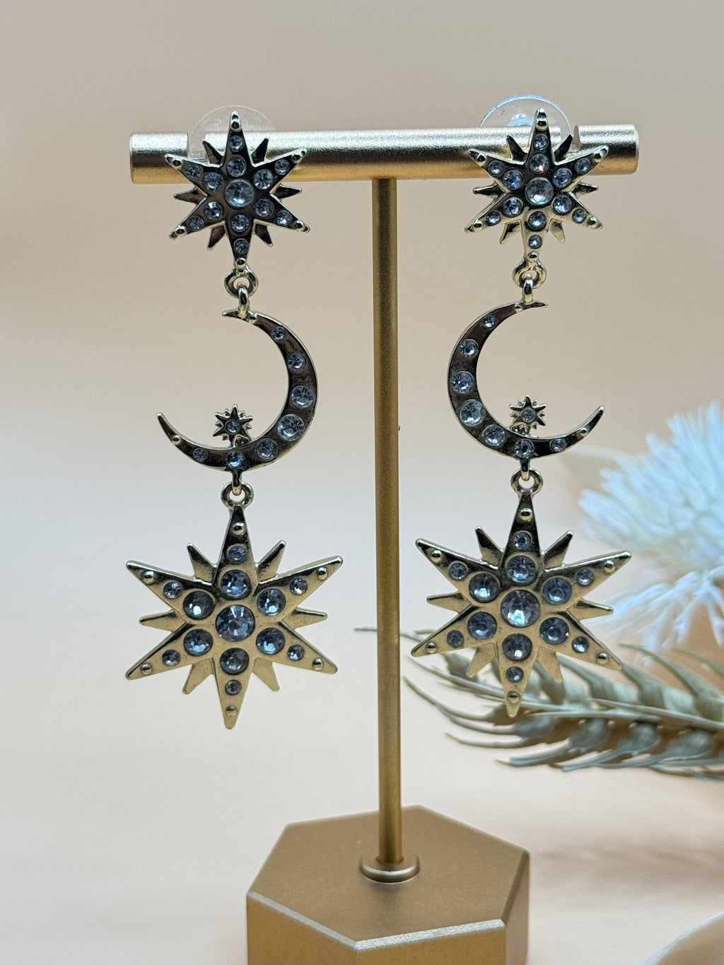 Gold Tone Rhinestone Sun Moon and Star Dangle Earrings