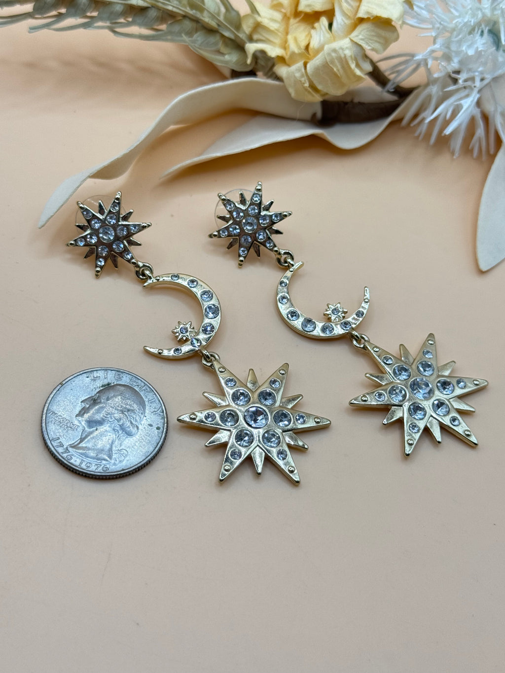 Gold Tone Rhinestone Sun Moon and Star Dangle Earrings
