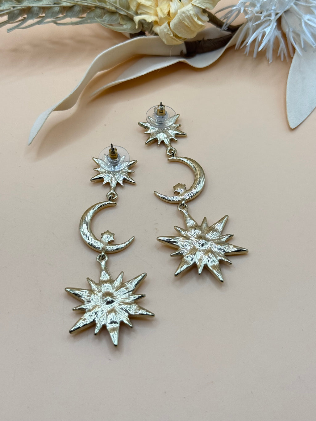 Gold Tone Rhinestone Sun Moon and Star Dangle Earrings