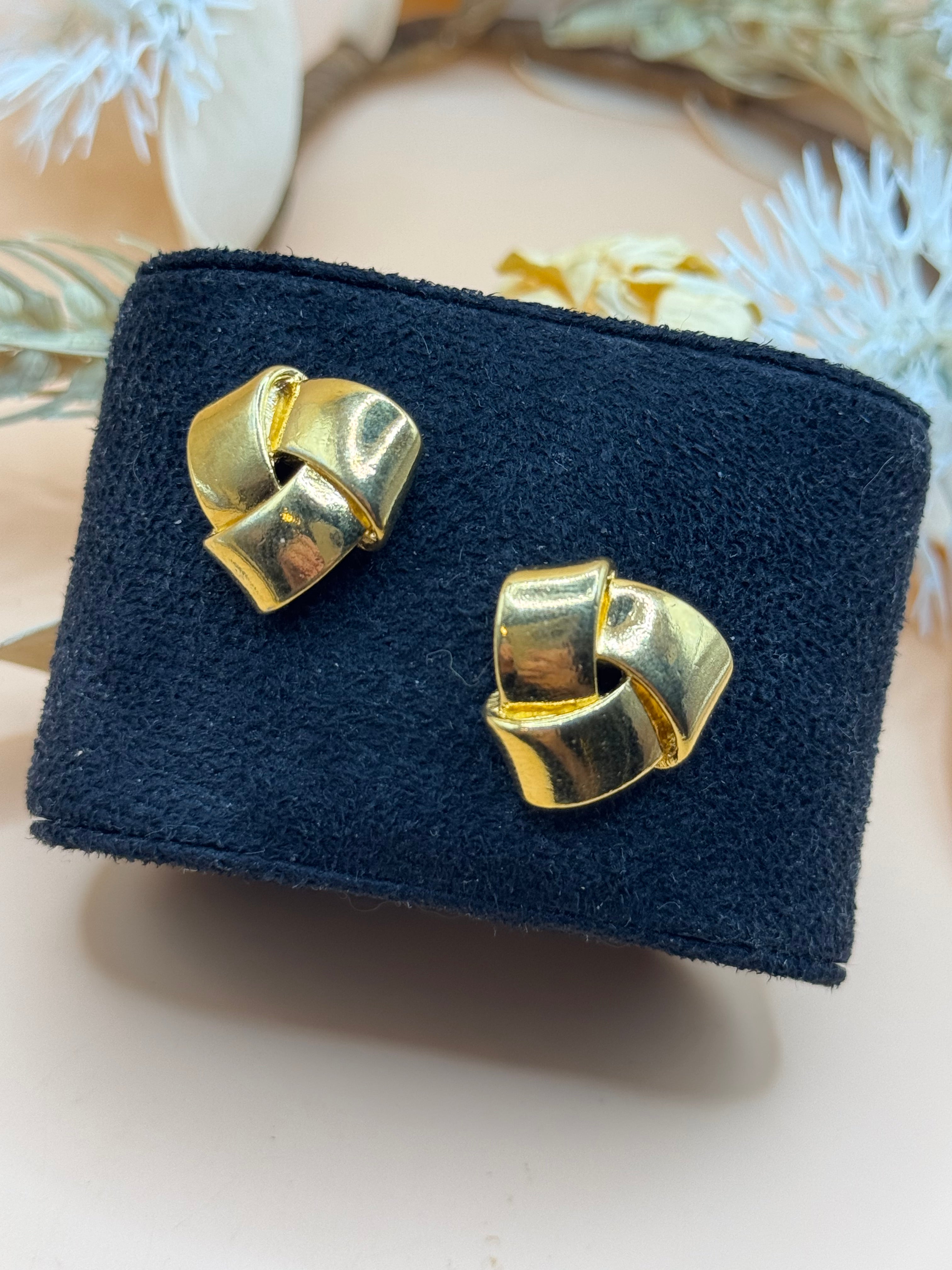 Gold Tone Folded Ribbon Knot Stud Earrings
