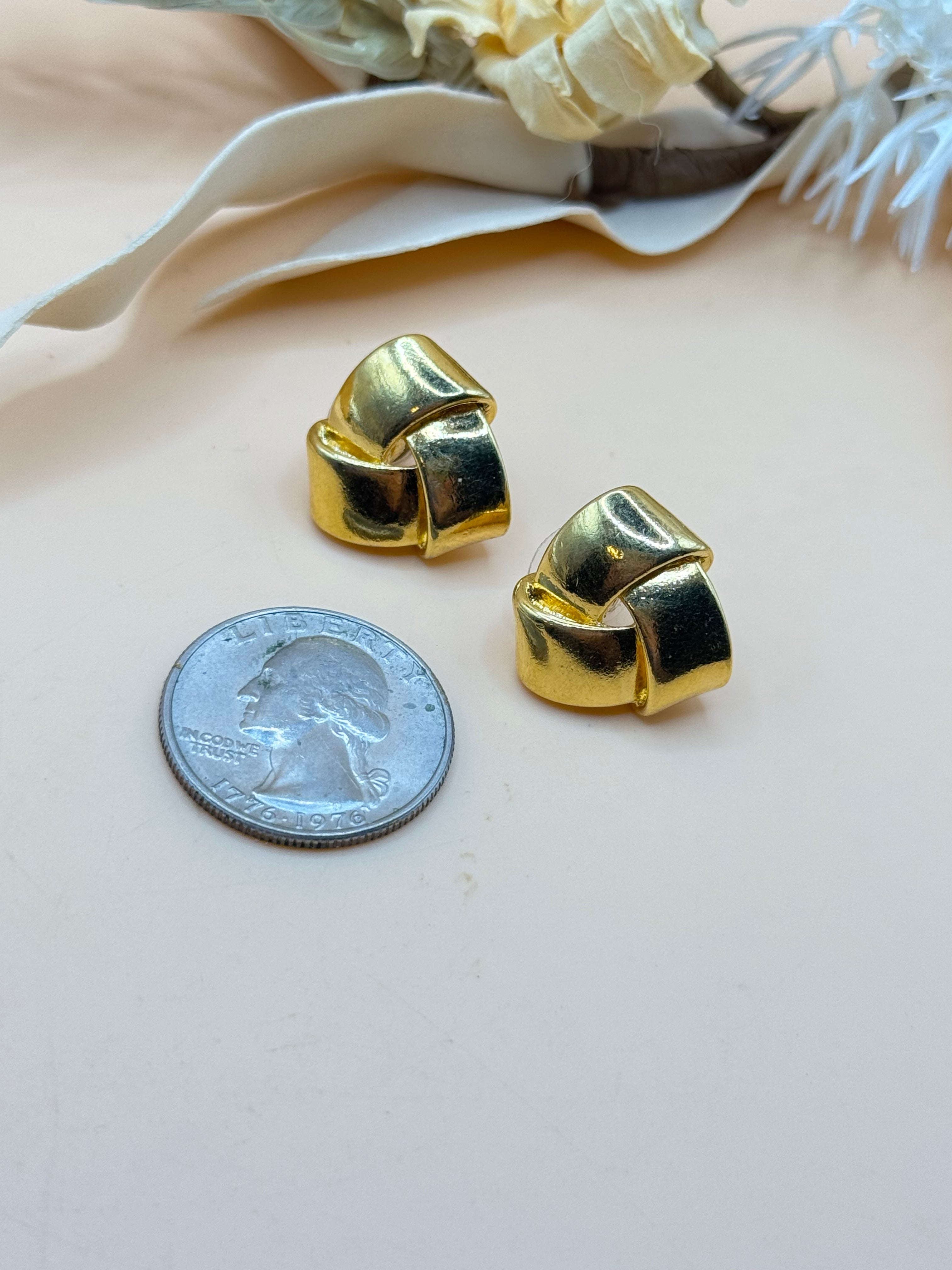 Gold Tone Folded Ribbon Knot Stud Earrings