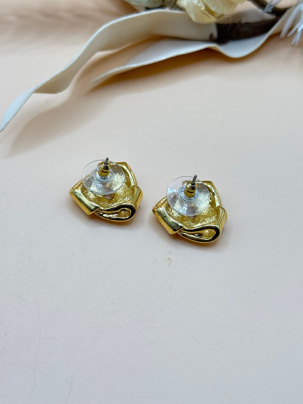 Gold Tone Folded Ribbon Knot Stud Earrings