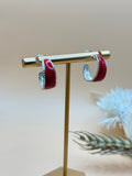 Red Enamel Silver Tone Half Hoop Pierced Earrings