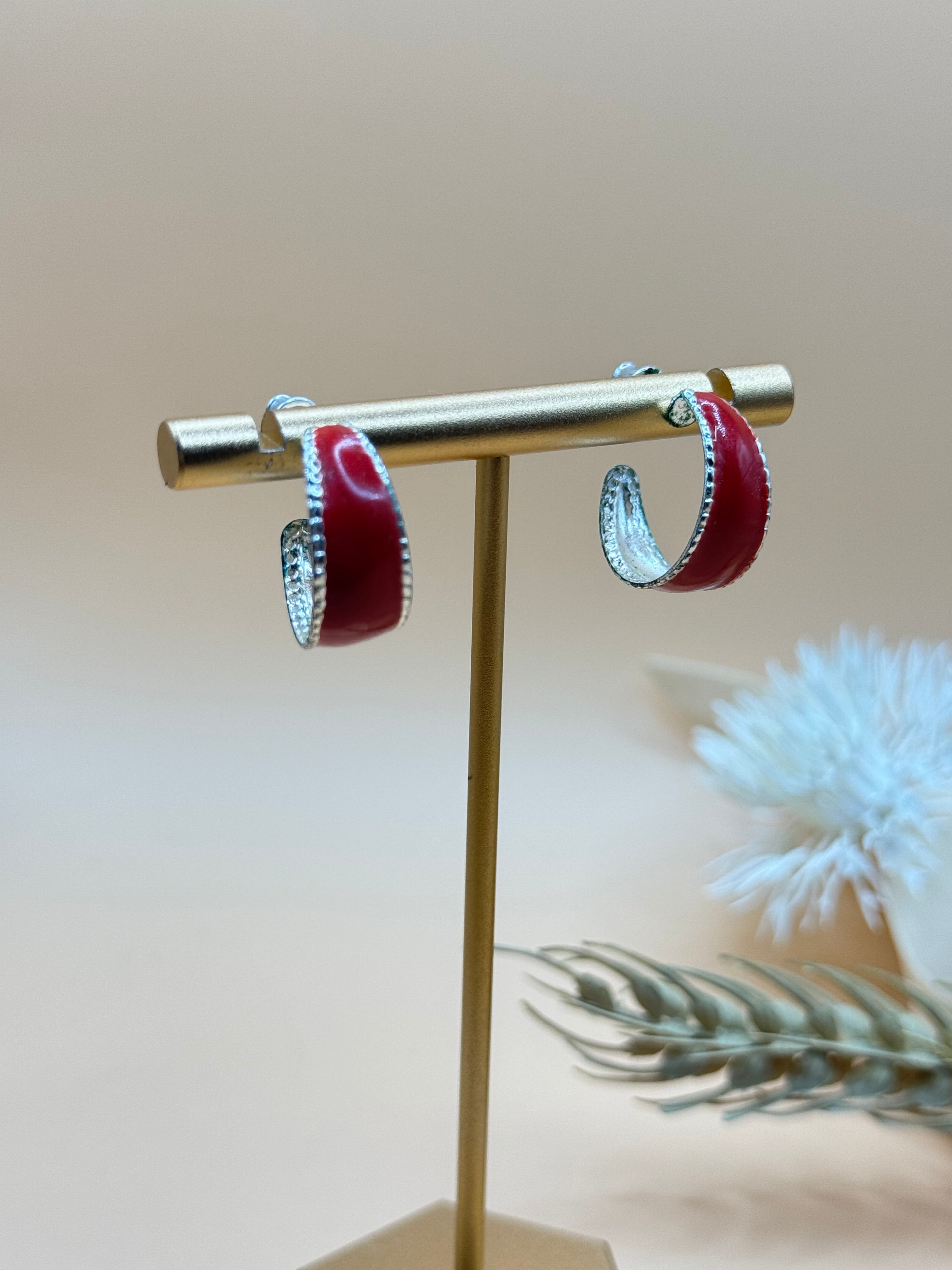 Red Enamel Silver Tone Half Hoop Pierced Earrings