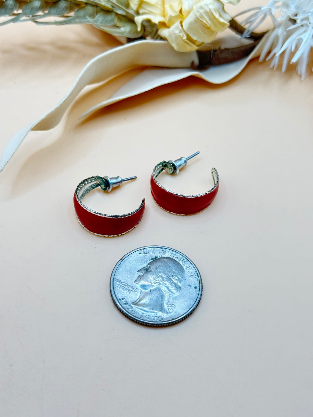 Red Enamel Silver Tone Half Hoop Pierced Earrings