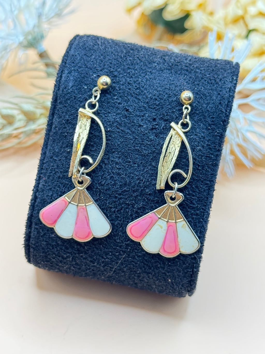 Vintage Pink and White Enamel Fan Dangle Earrings
