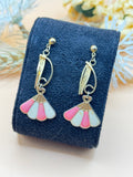 Vintage Pink and White Enamel Fan Dangle Earrings