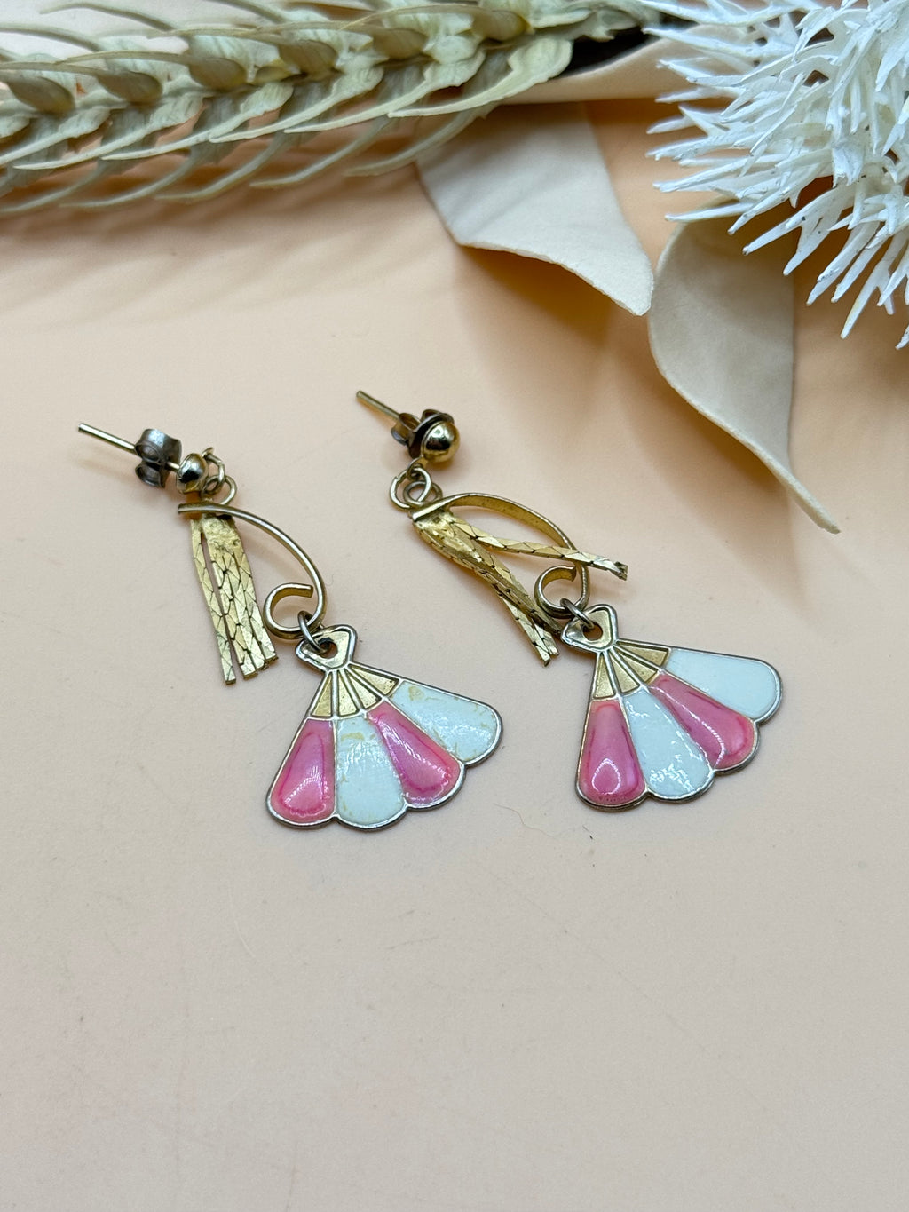 Vintage Pink and White Enamel Fan Dangle Earrings
