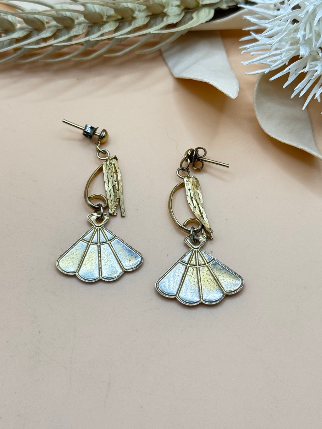 Vintage Pink and White Enamel Fan Dangle Earrings