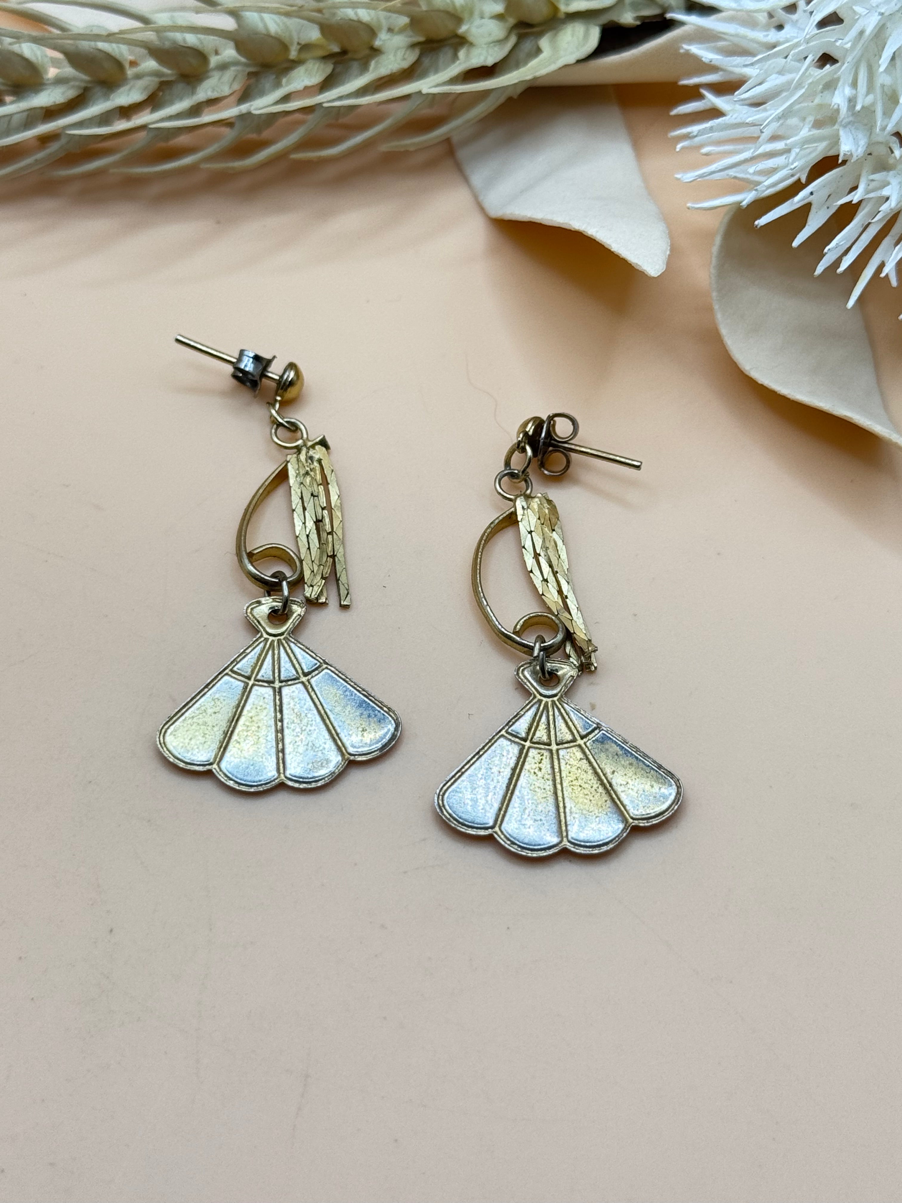 Vintage Pink and White Enamel Fan Dangle Earrings