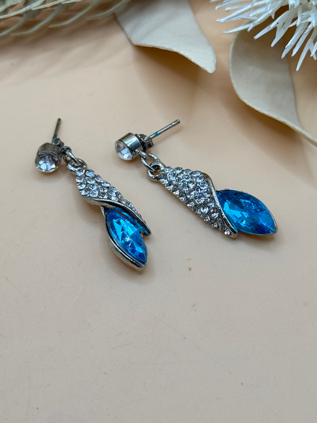 Blue and Clear Rhinestone Silver-Tone Dangle Earrings