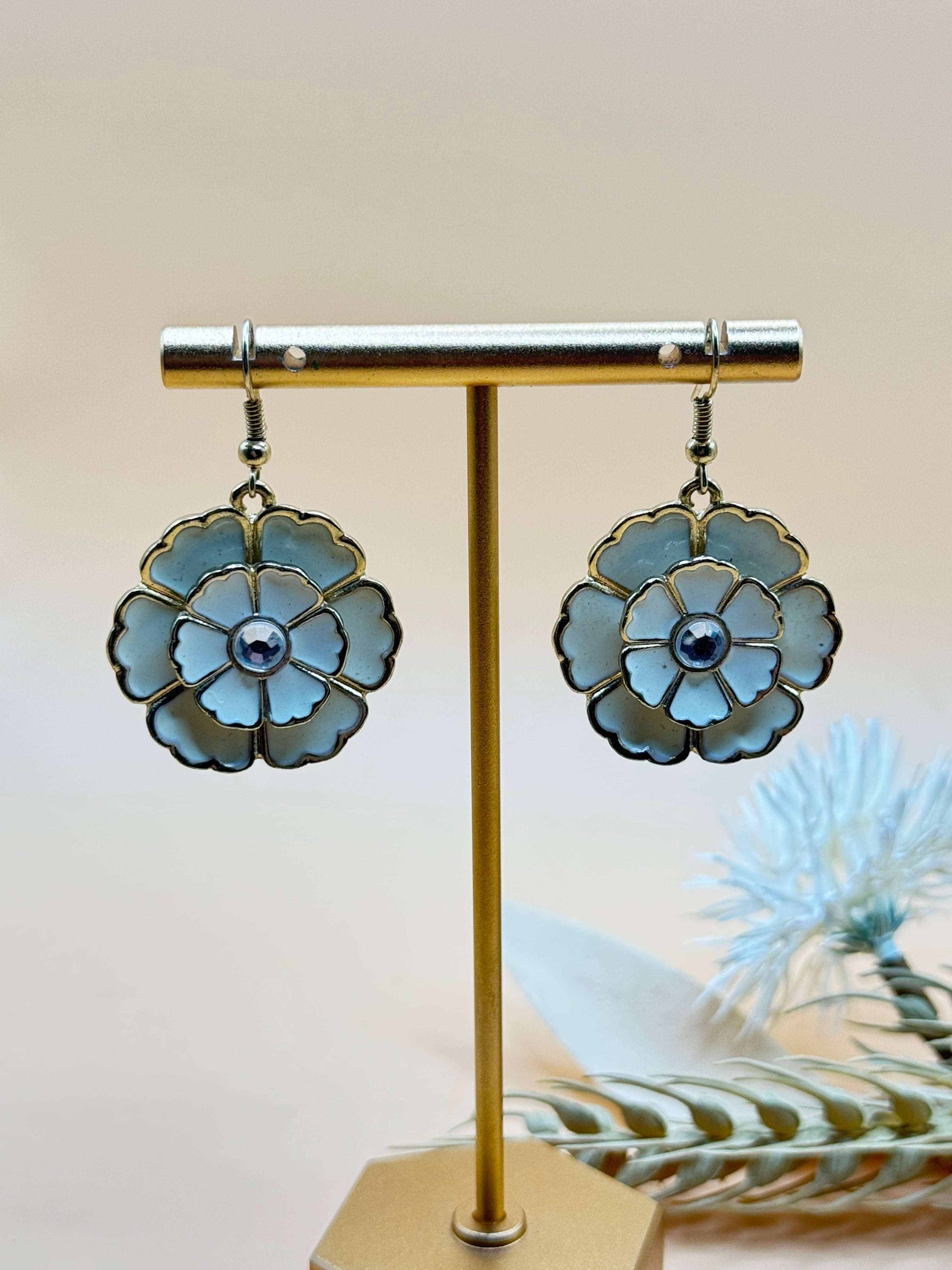 White Floral Enamel Silver-Tone Dangle Earrings
