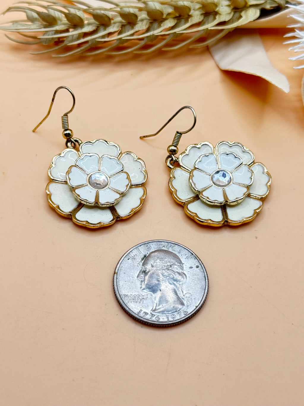 White Floral Enamel Silver-Tone Dangle Earrings