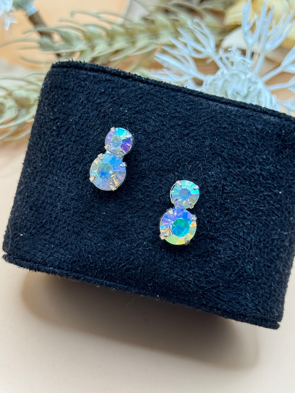 Aurora Borealis Double Rhinestone Silver-Tone Stud Earrings