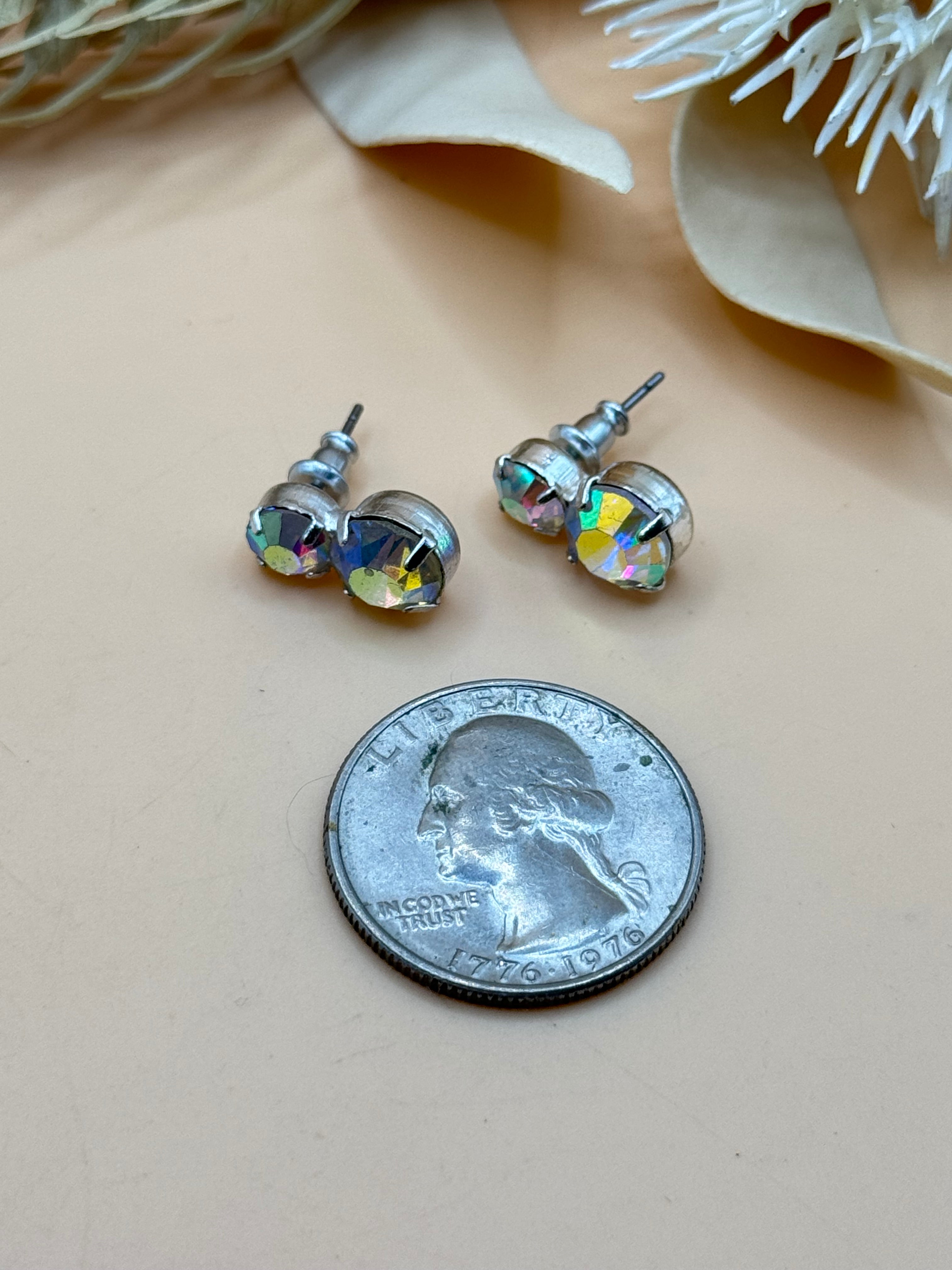 Aurora Borealis Double Rhinestone Silver-Tone Stud Earrings