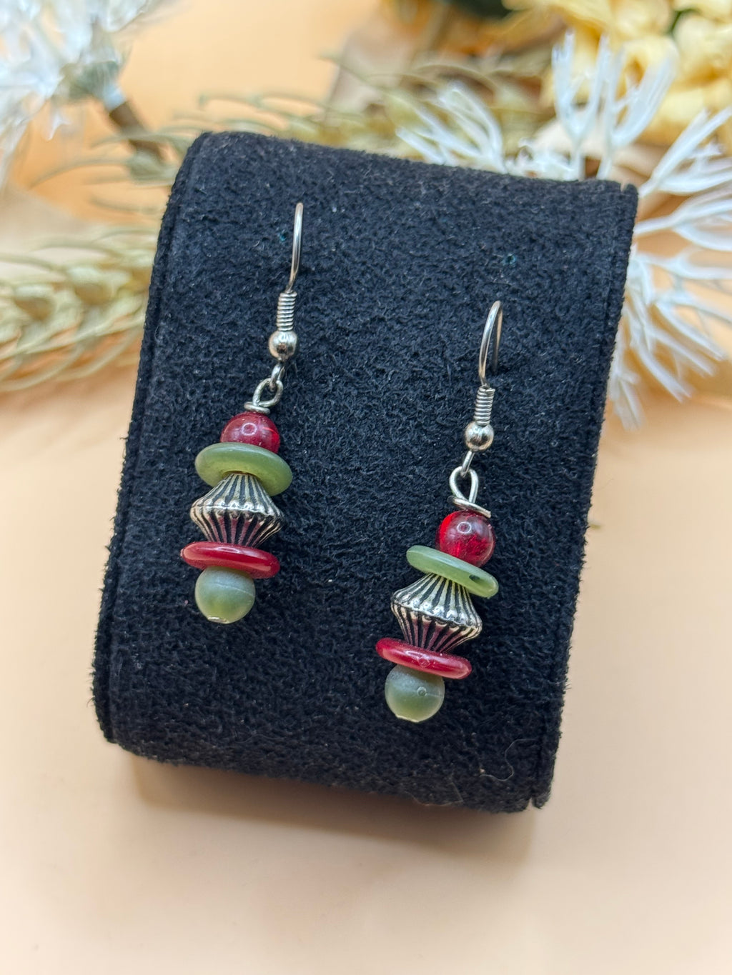Red Green Beaded Silver-Tone Dangle Earrings