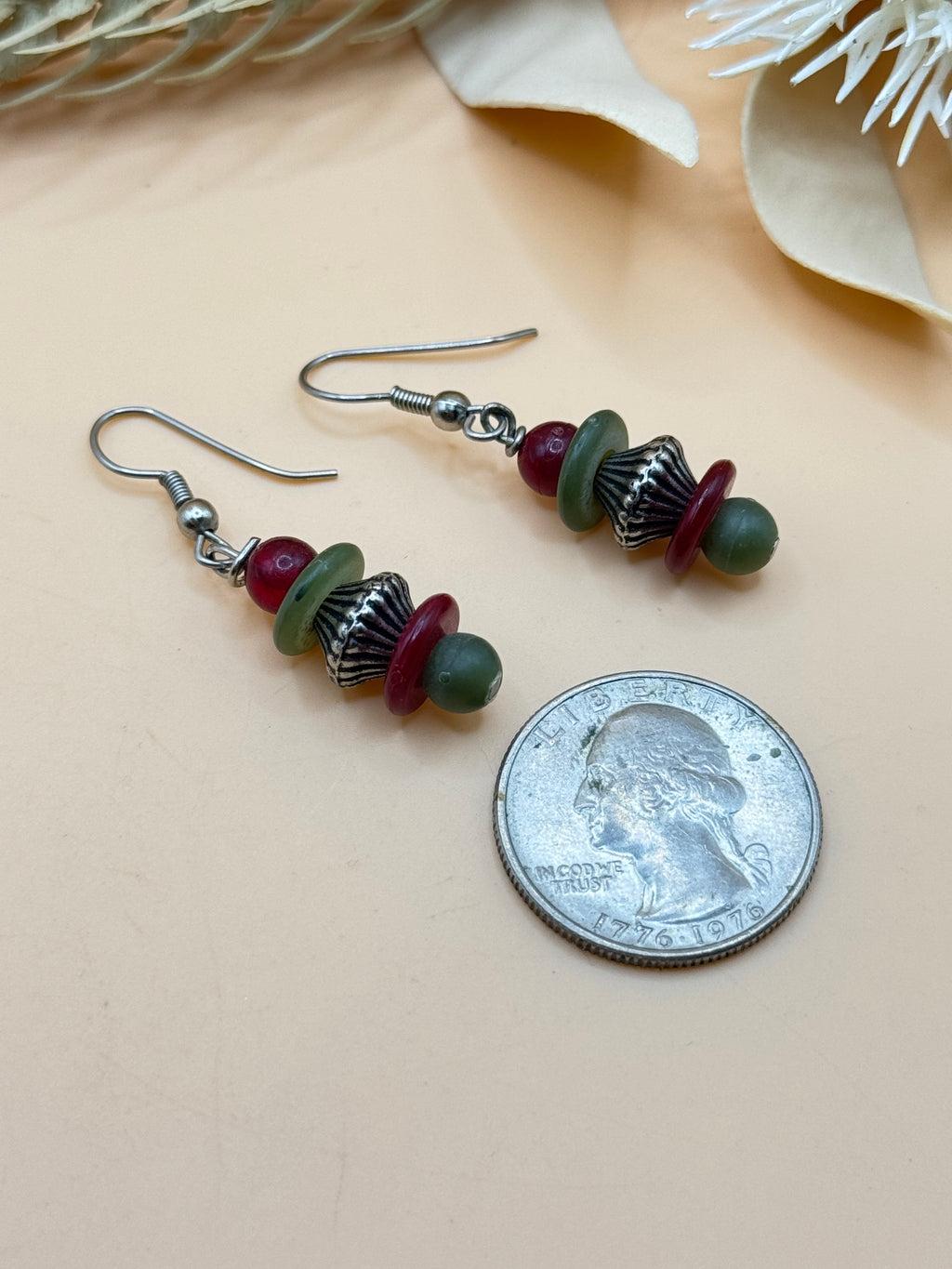 Red Green Beaded Silver-Tone Dangle Earrings