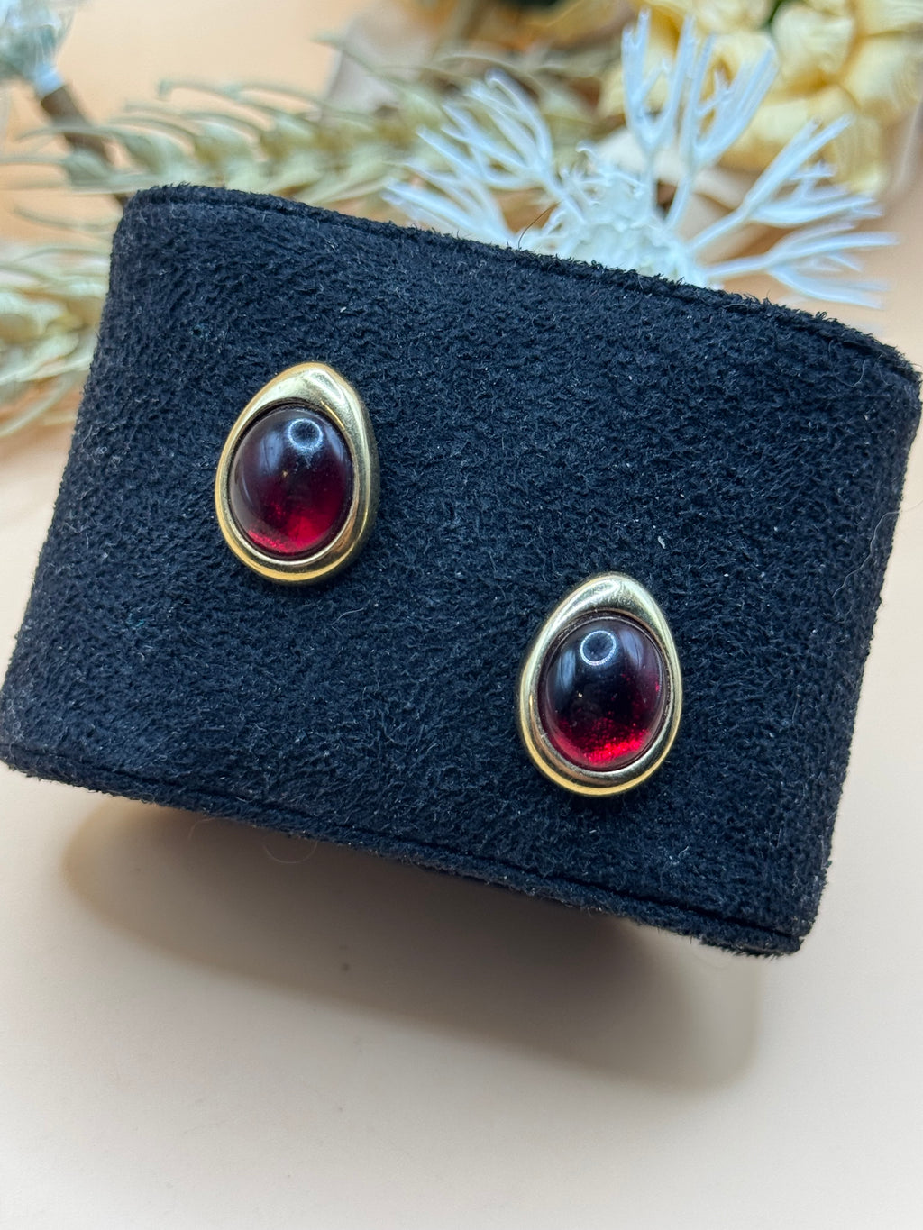 Avon Gold-Tone Burgundy Cabochon Teardrop Stud Earrings