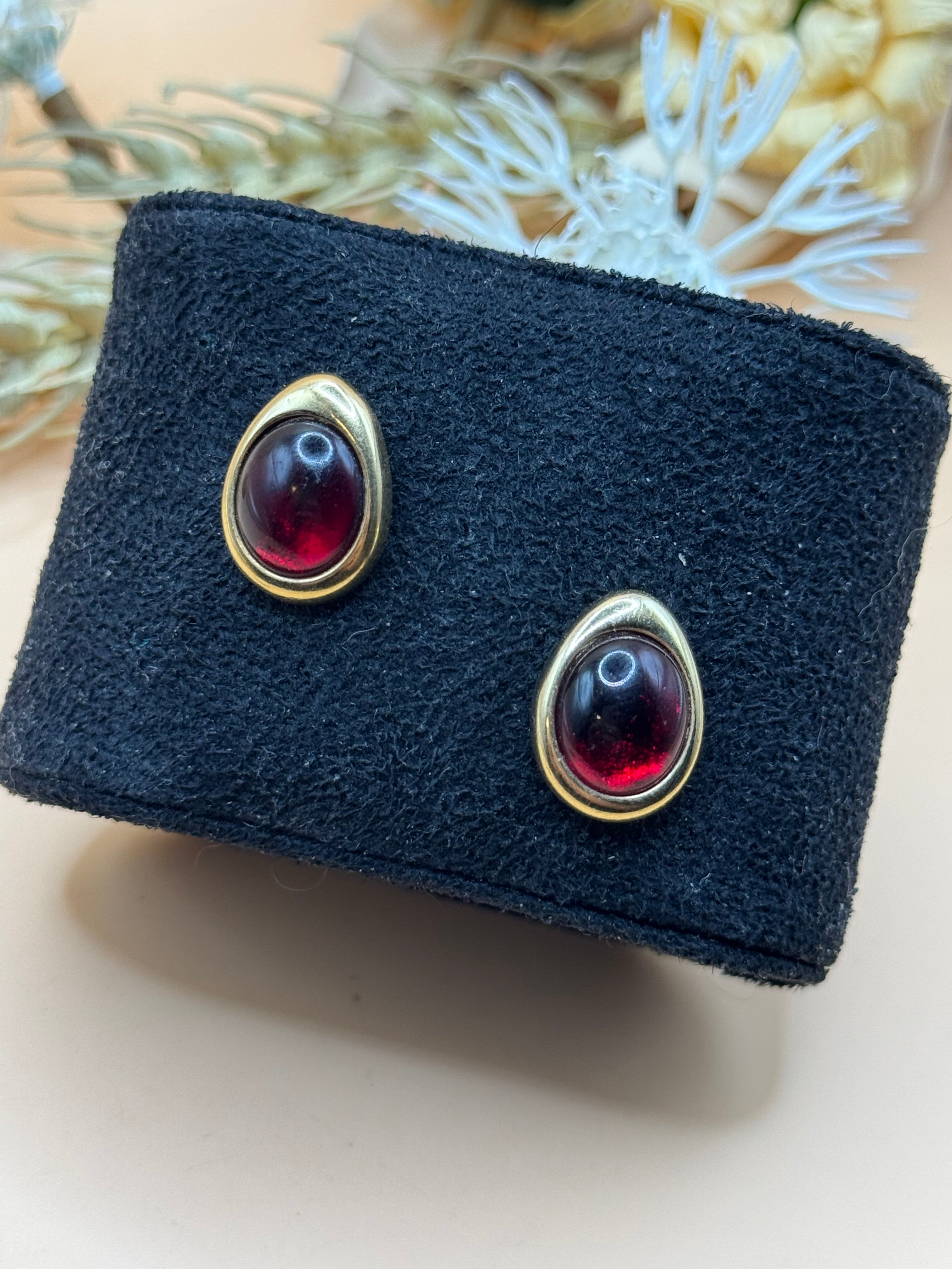 Avon Gold-Tone Burgundy Cabochon Teardrop Stud Earrings
