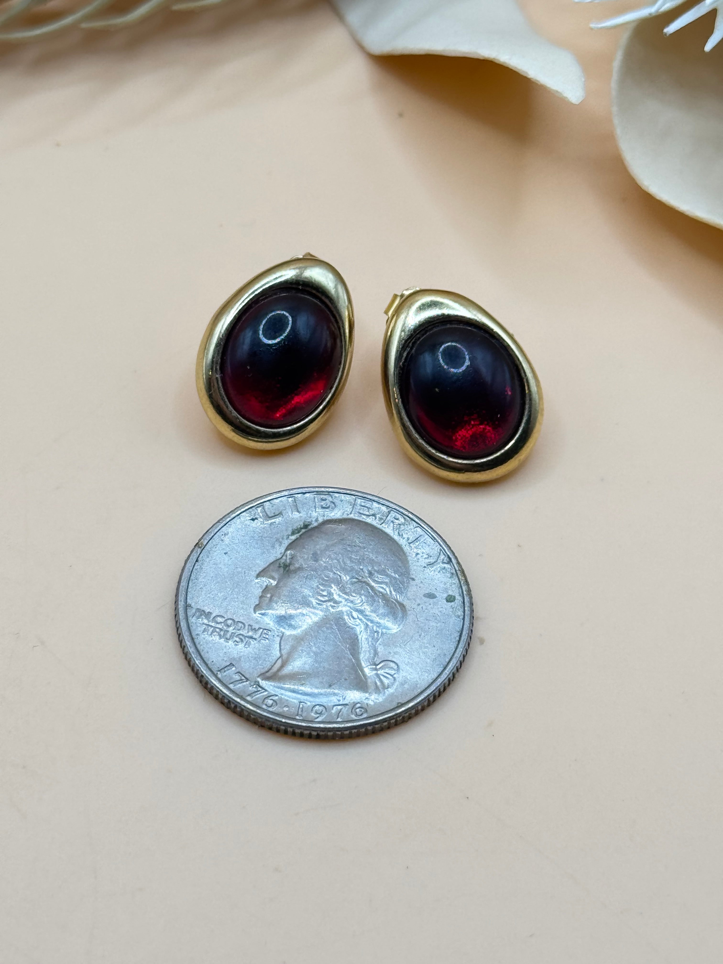 Avon Gold-Tone Burgundy Cabochon Teardrop Stud Earrings