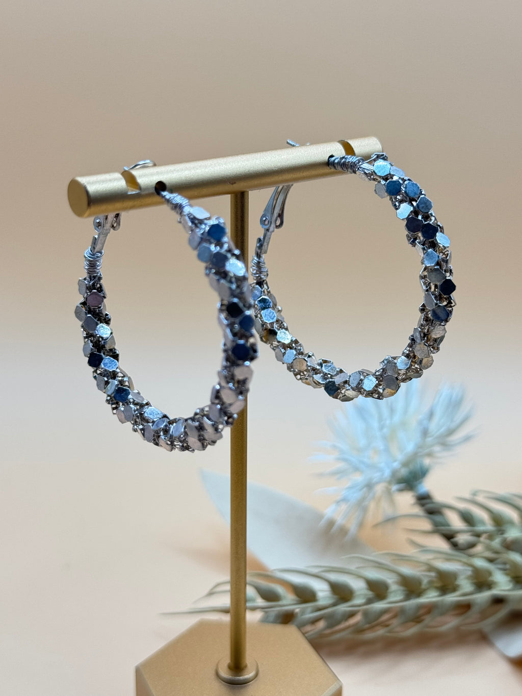 Silver-Tone Faceted Beaded Hoop Earrings