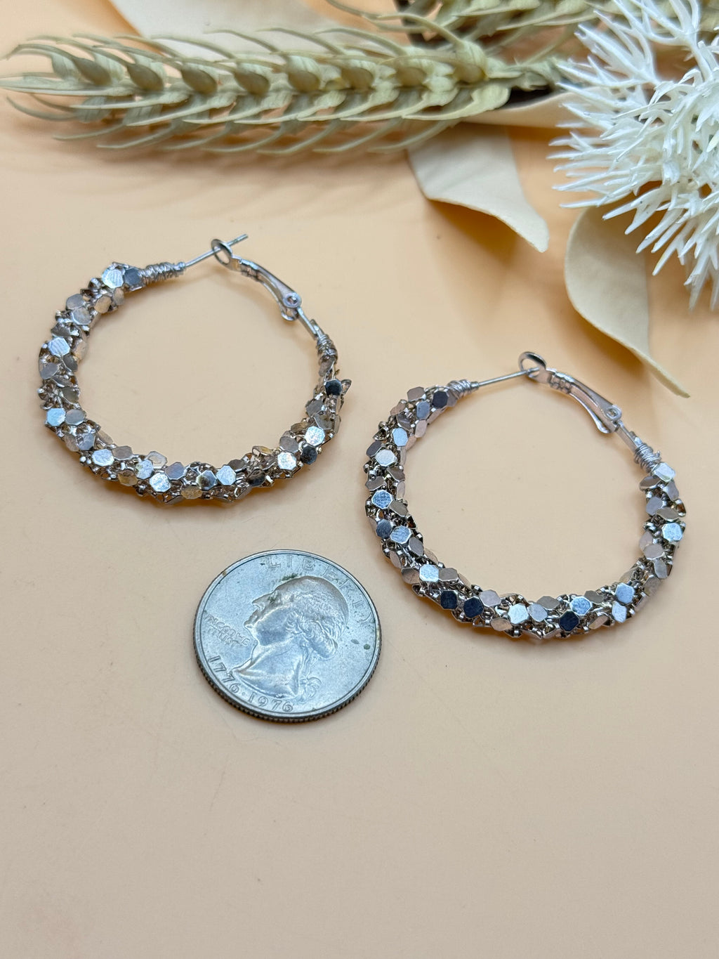 Silver-Tone Faceted Beaded Hoop Earrings
