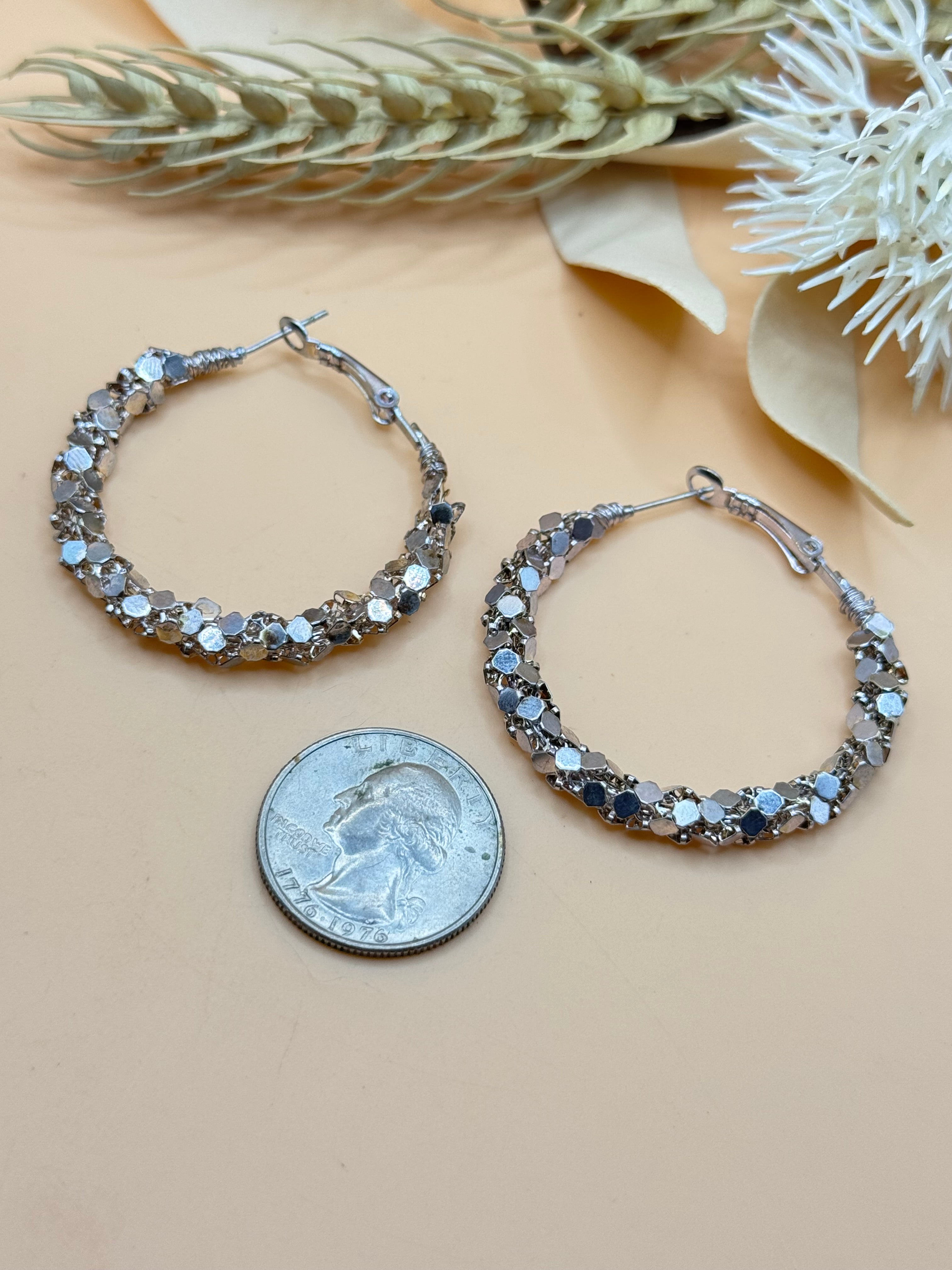 Silver-Tone Faceted Beaded Hoop Earrings