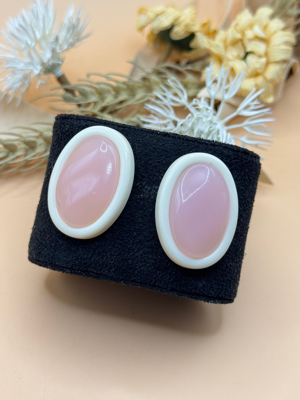 Vintage Pink and White Oval Statement Stud Earrings