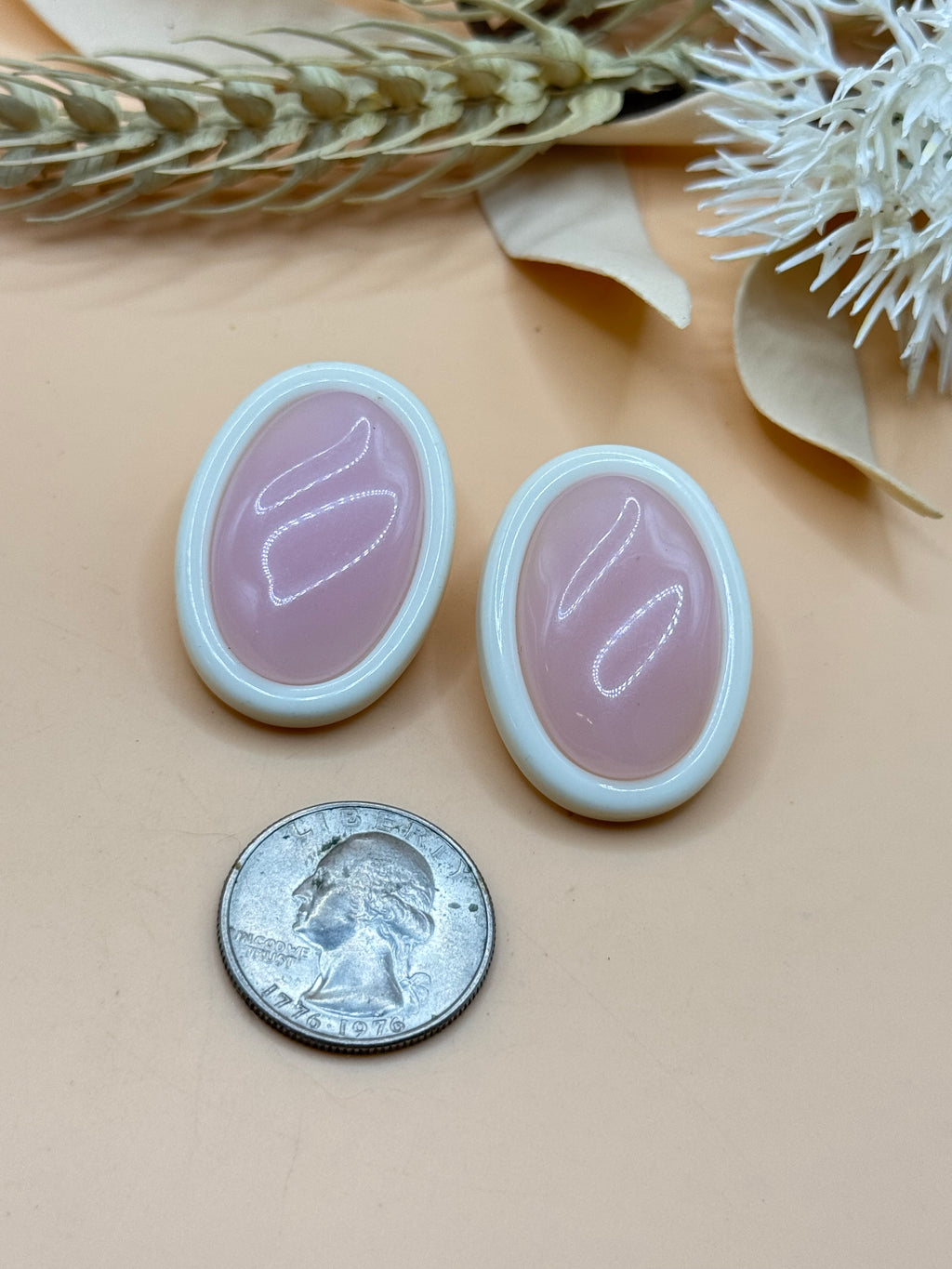 Vintage Pink and White Oval Statement Stud Earrings