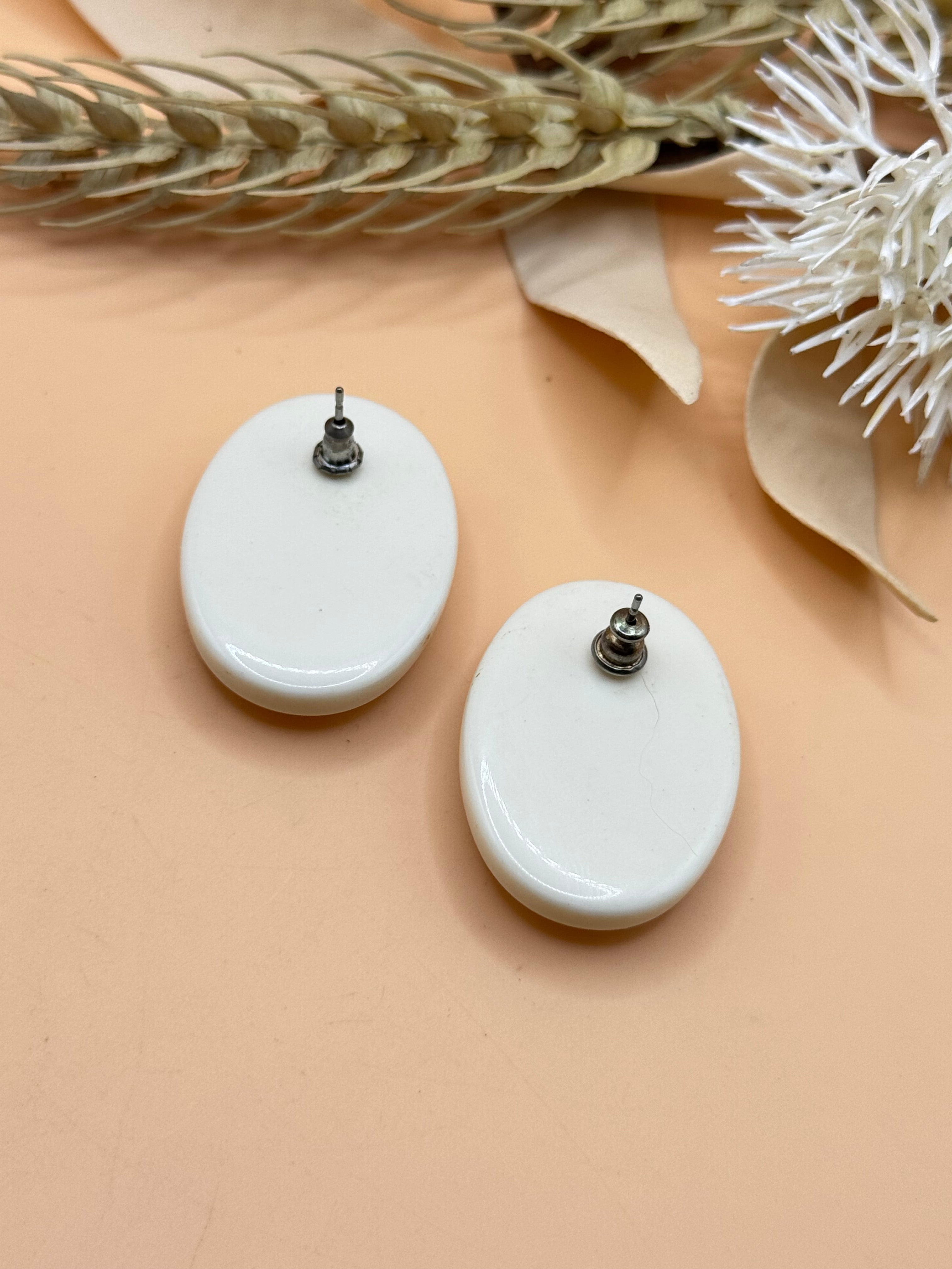Vintage Pink and White Oval Statement Stud Earrings