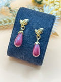 Burgundy Teardrop Dangle Earrings with Gold Tone Leaf Design