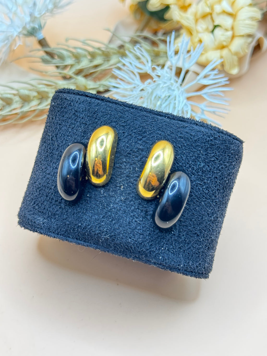 Vintage Monet Black & Gold Tone Oval Half Hoop Statement Earrings