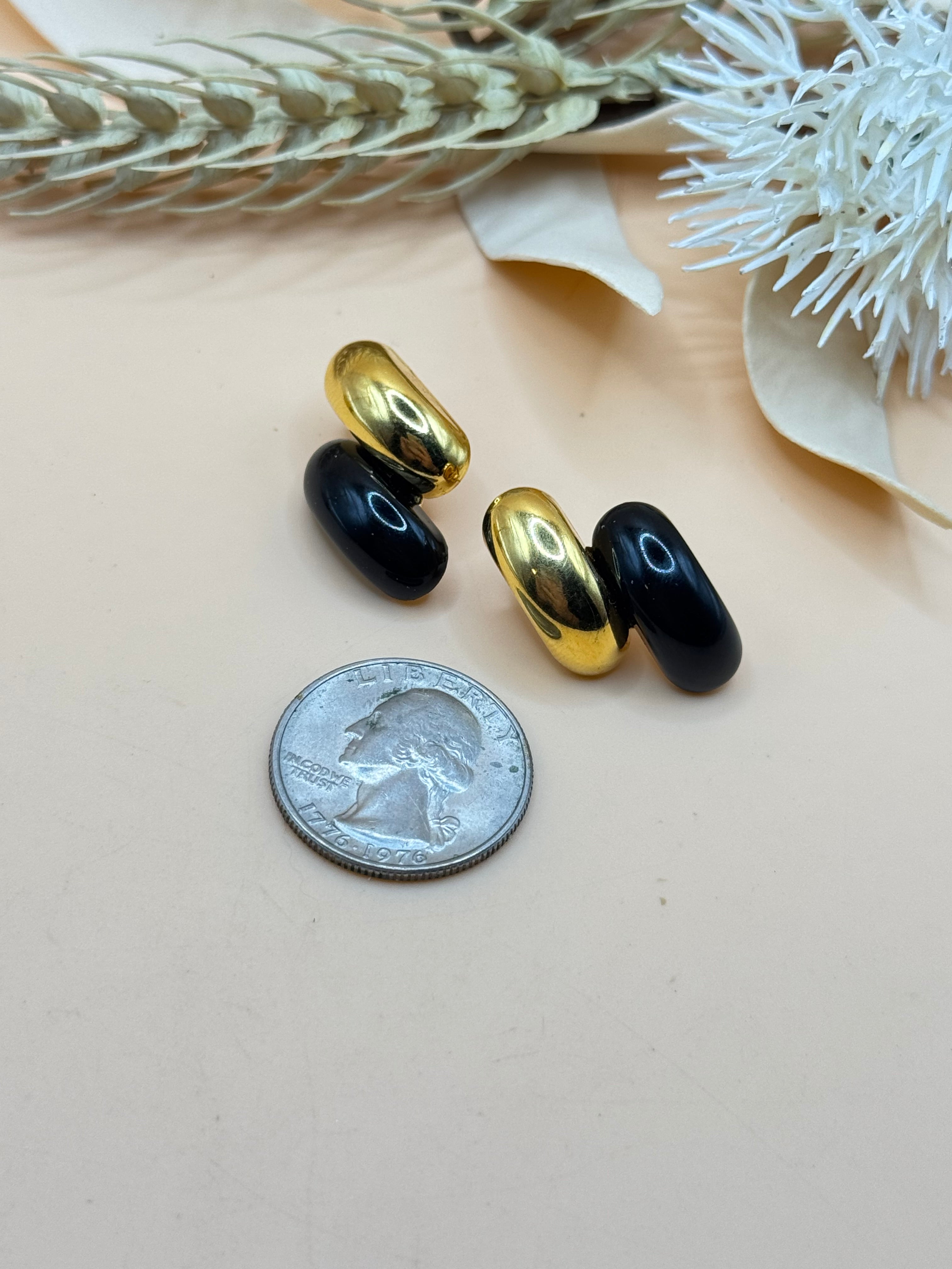 Vintage Monet Black & Gold Tone Oval Half Hoop Statement Earrings