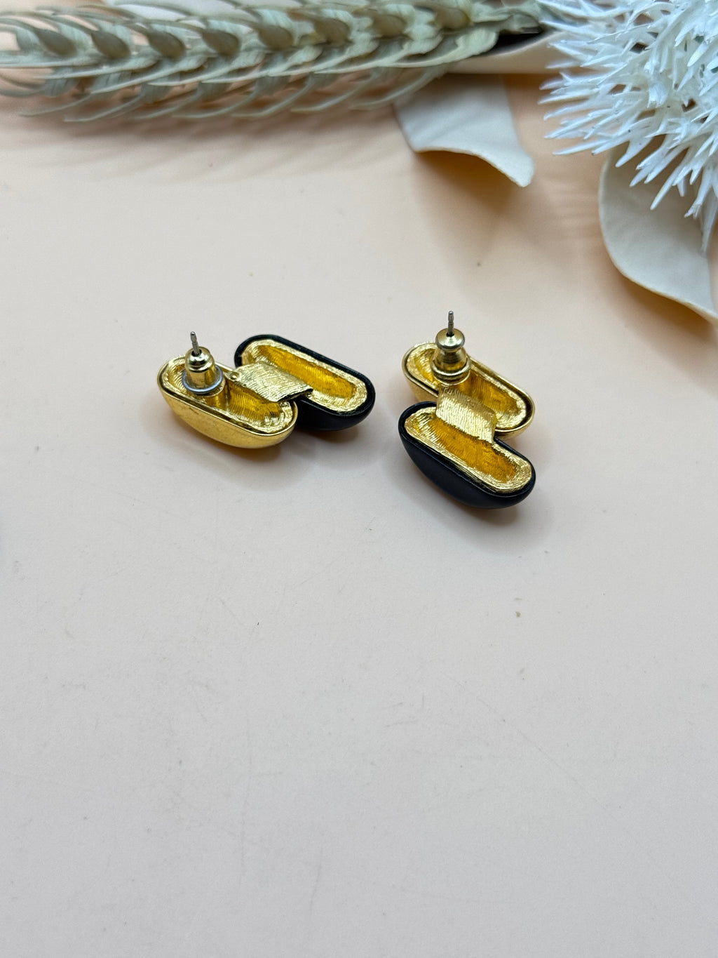Vintage Monet Black & Gold Tone Oval Half Hoop Statement Earrings