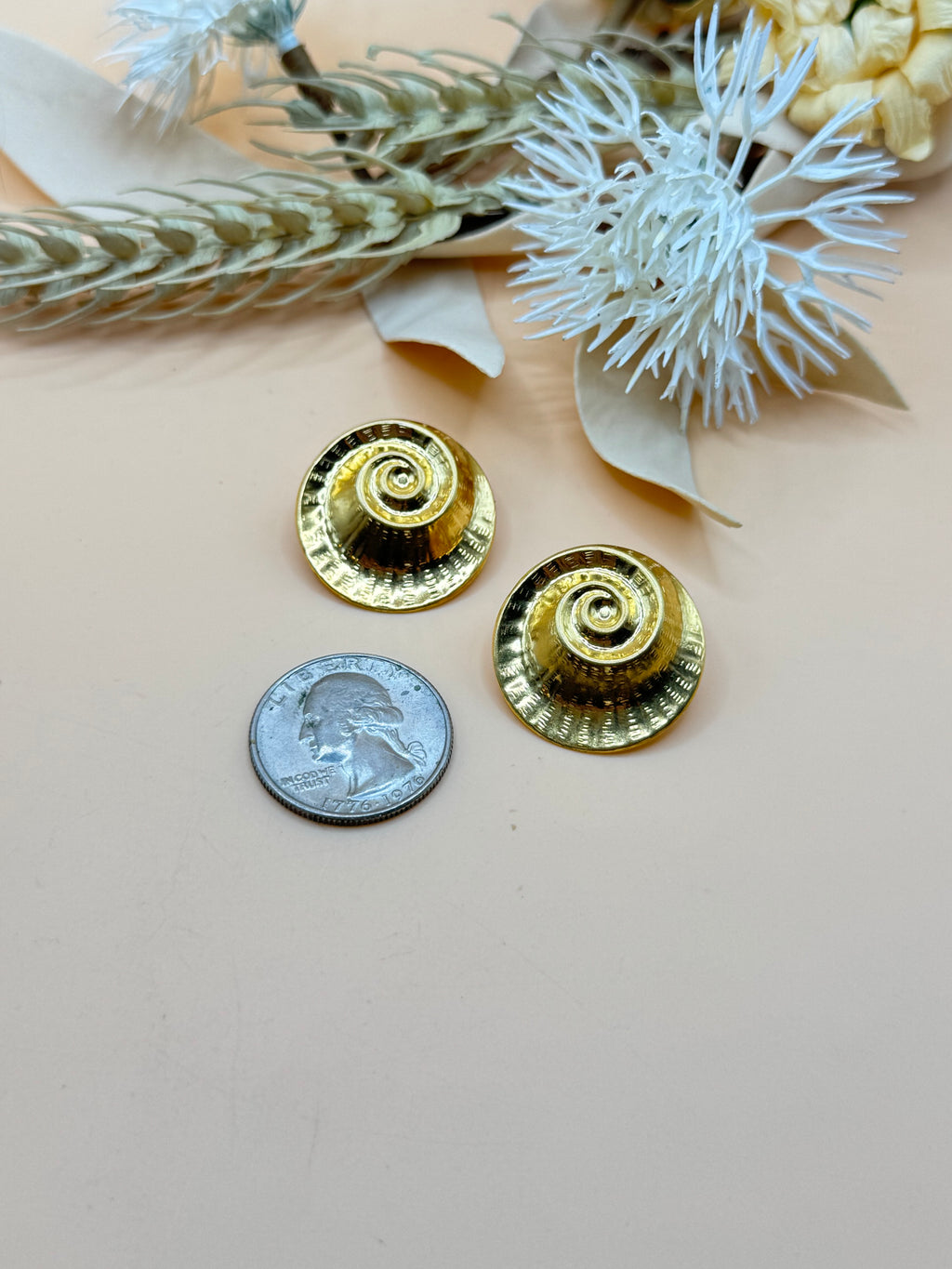 Vintage Gold Tone Spiral Disc Statement Stud Earrings