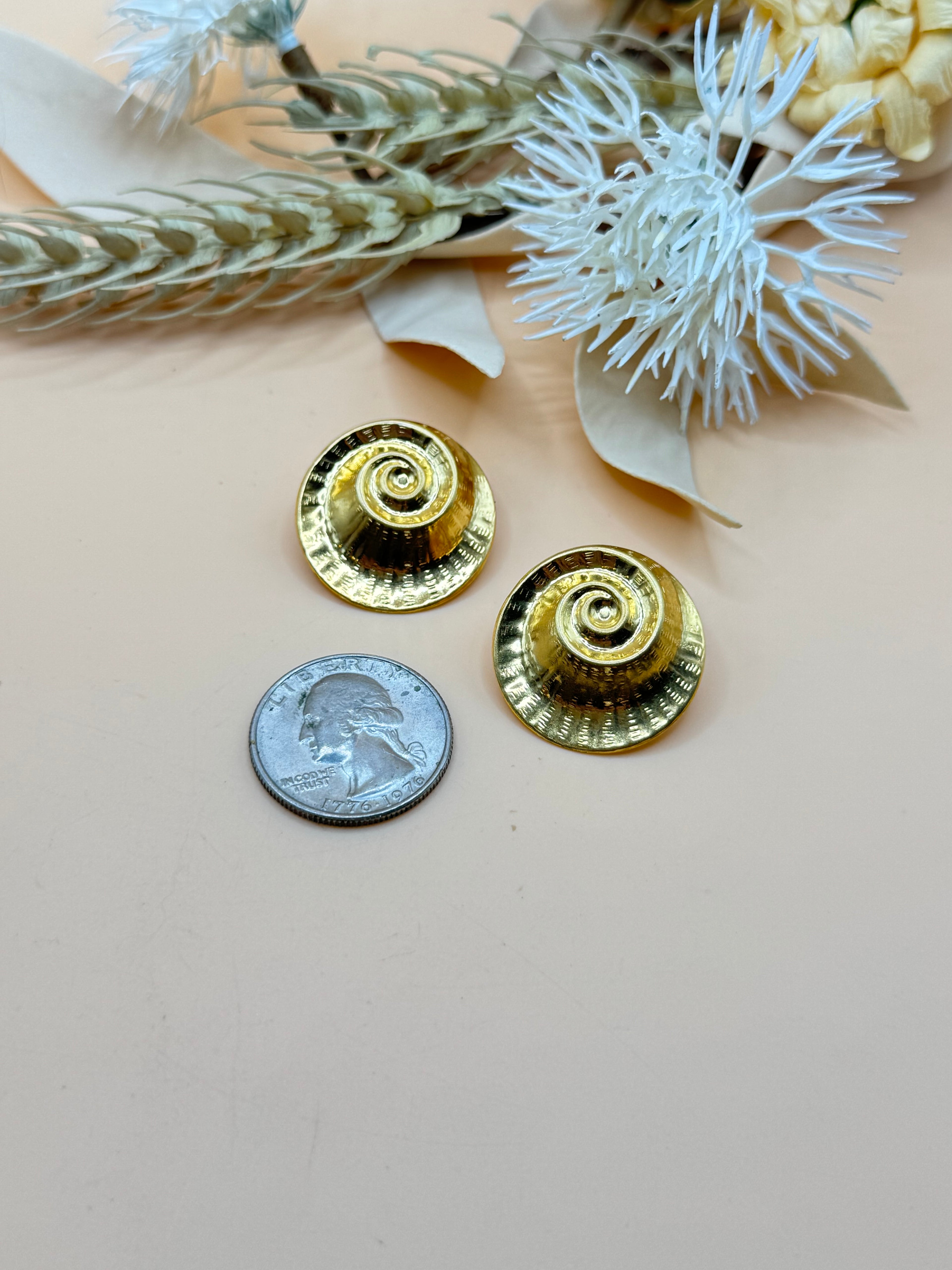 Vintage Gold Tone Spiral Disc Statement Stud Earrings