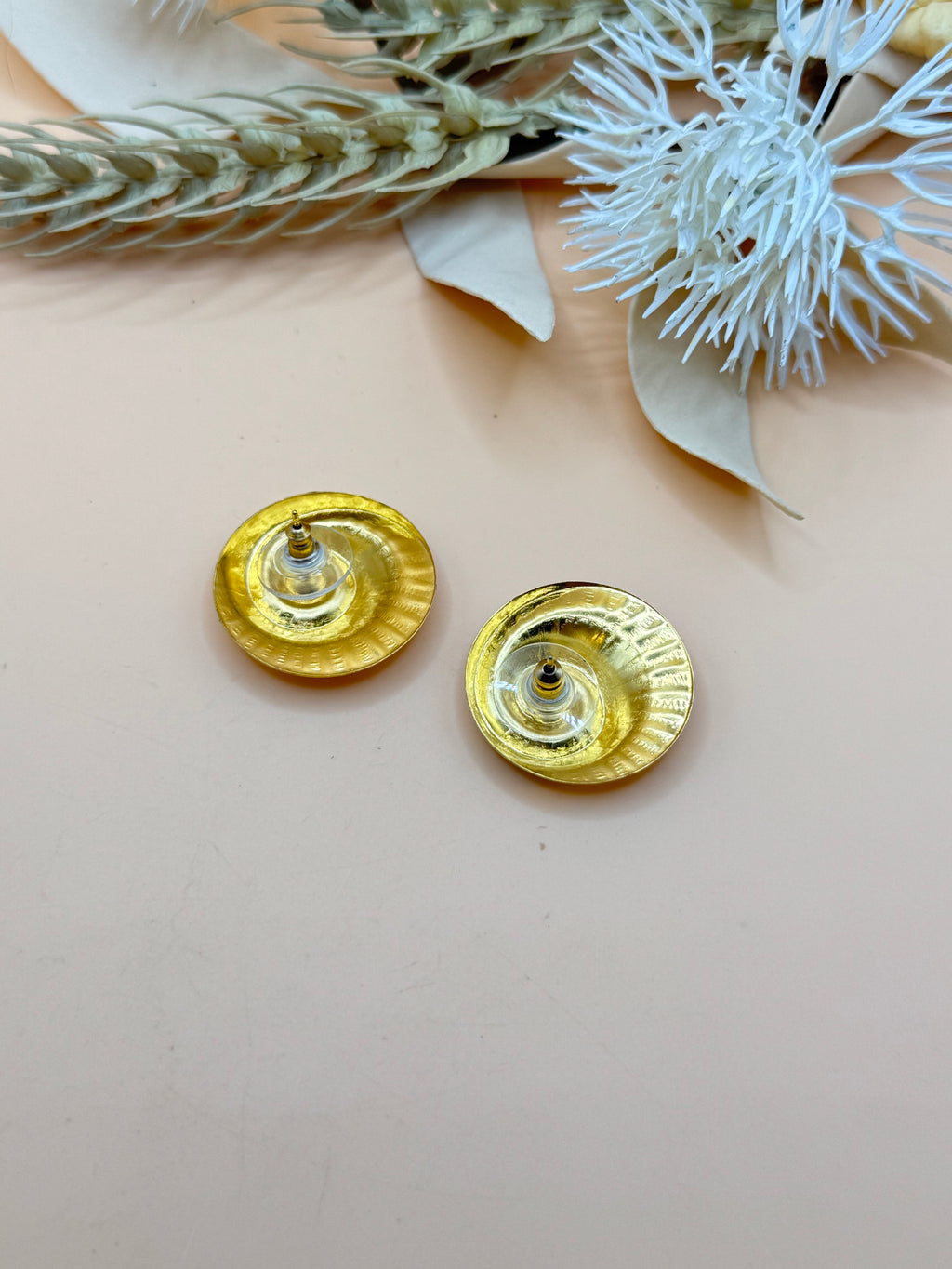 Vintage Gold Tone Spiral Disc Statement Stud Earrings