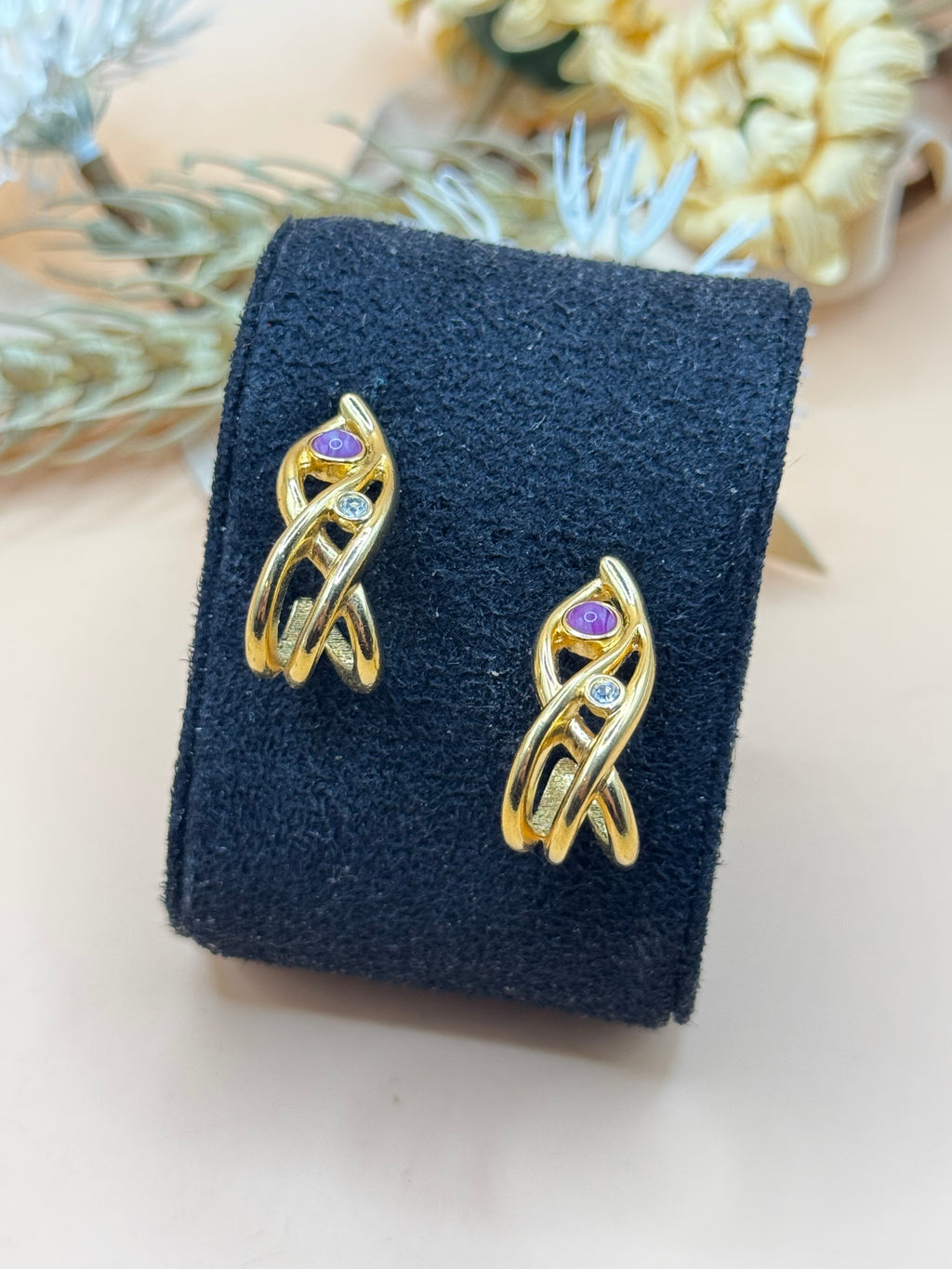 Gold Tone Purple Cabochon & Clear Rhinestone Swirl Stud Earrings